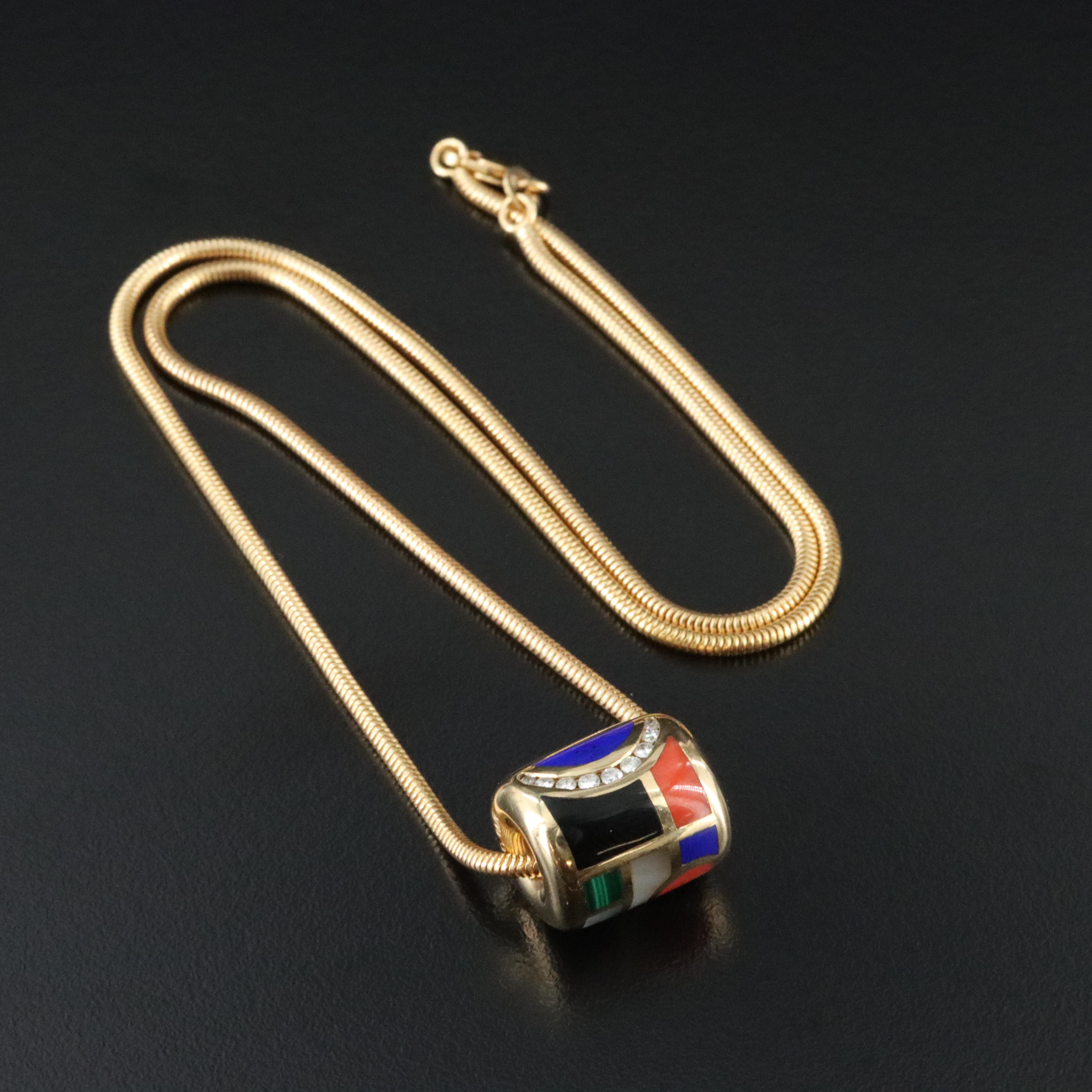 Asch-Grossbardt 14K Gemstone Inlay and Diamond Slide Bead Pendant Necklace