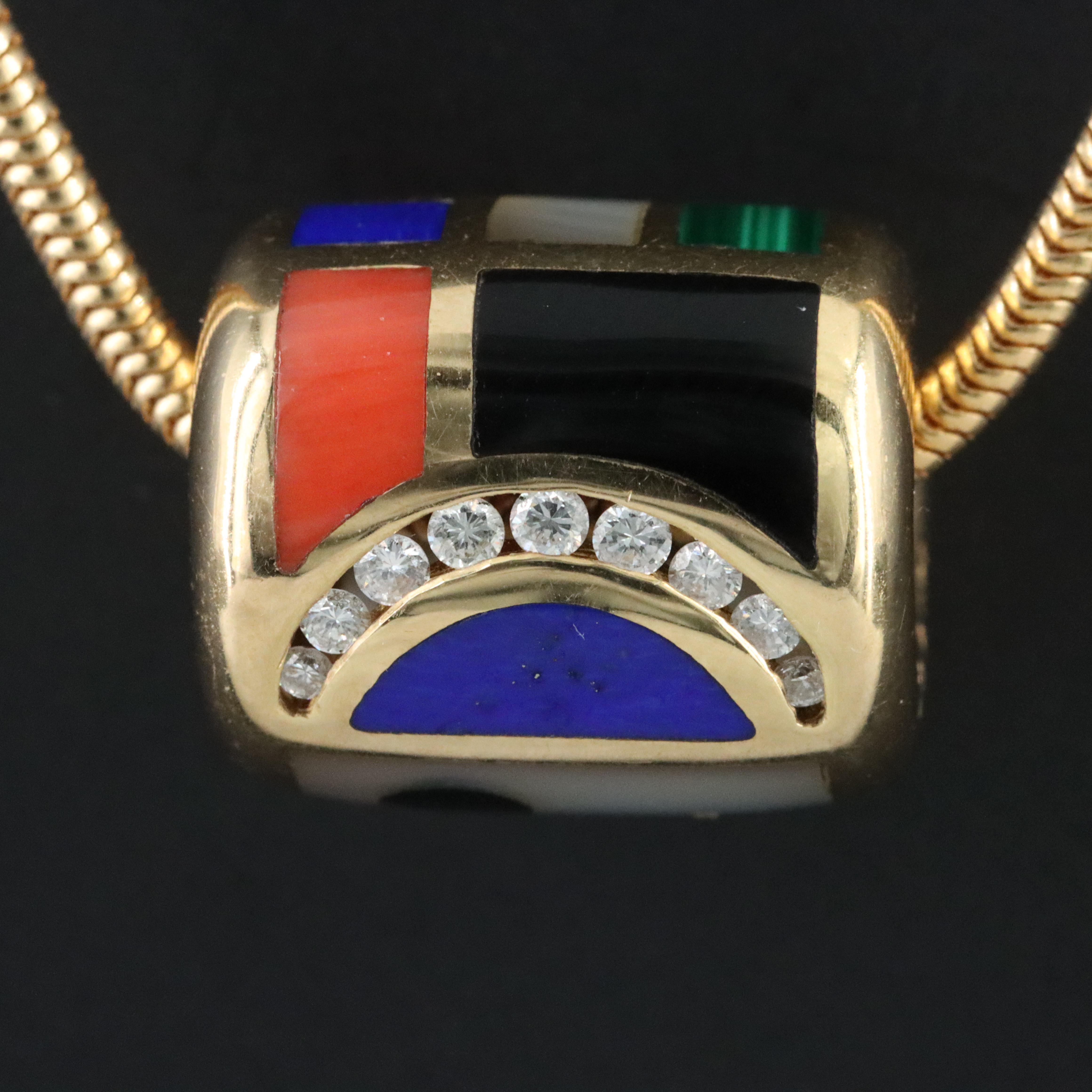 Asch-Grossbardt 14K Gemstone Inlay and Diamond Slide Bead Pendant Necklace