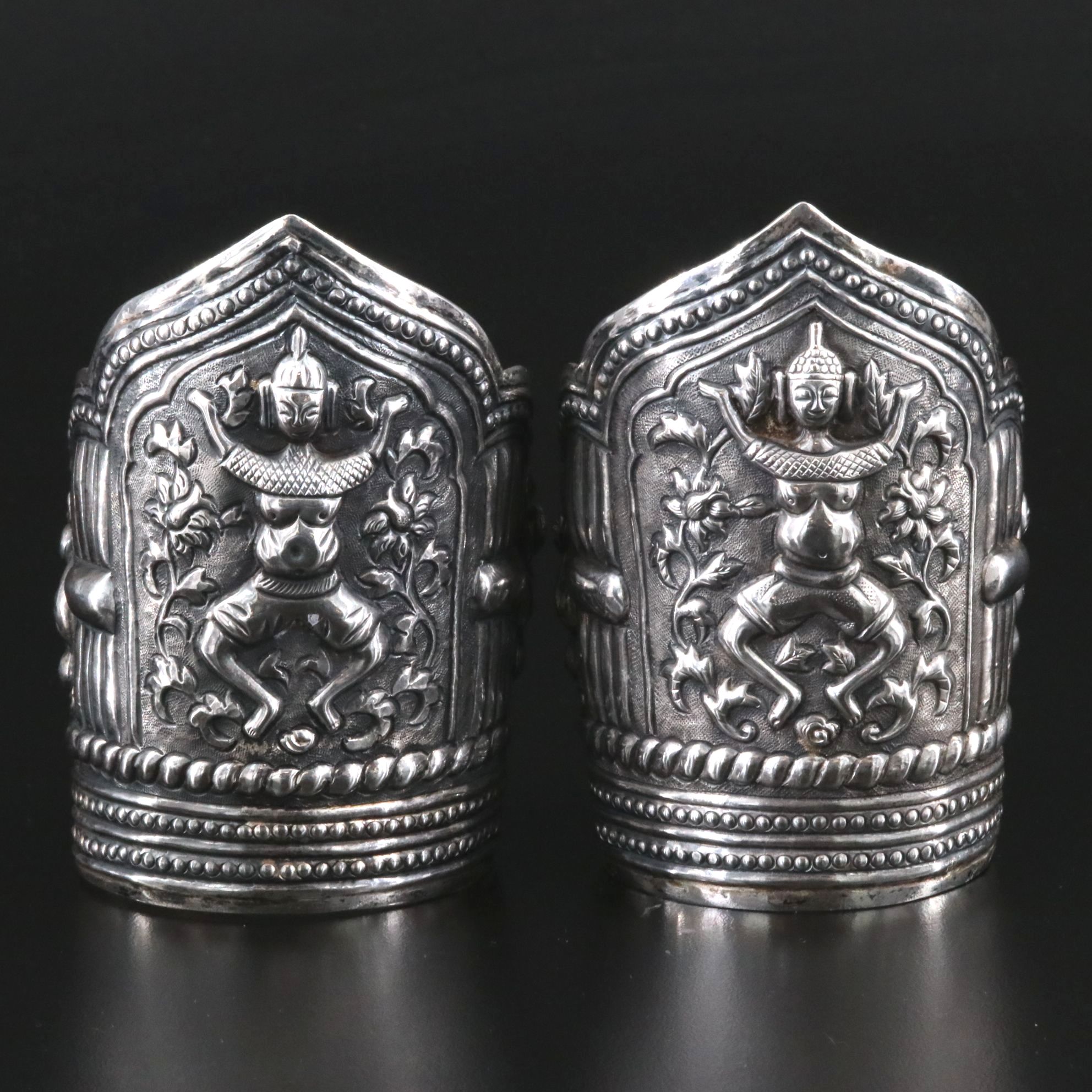 Antique Chinese Sterling Pair of Repoussé Buddha and Budai Cuff Bracelets