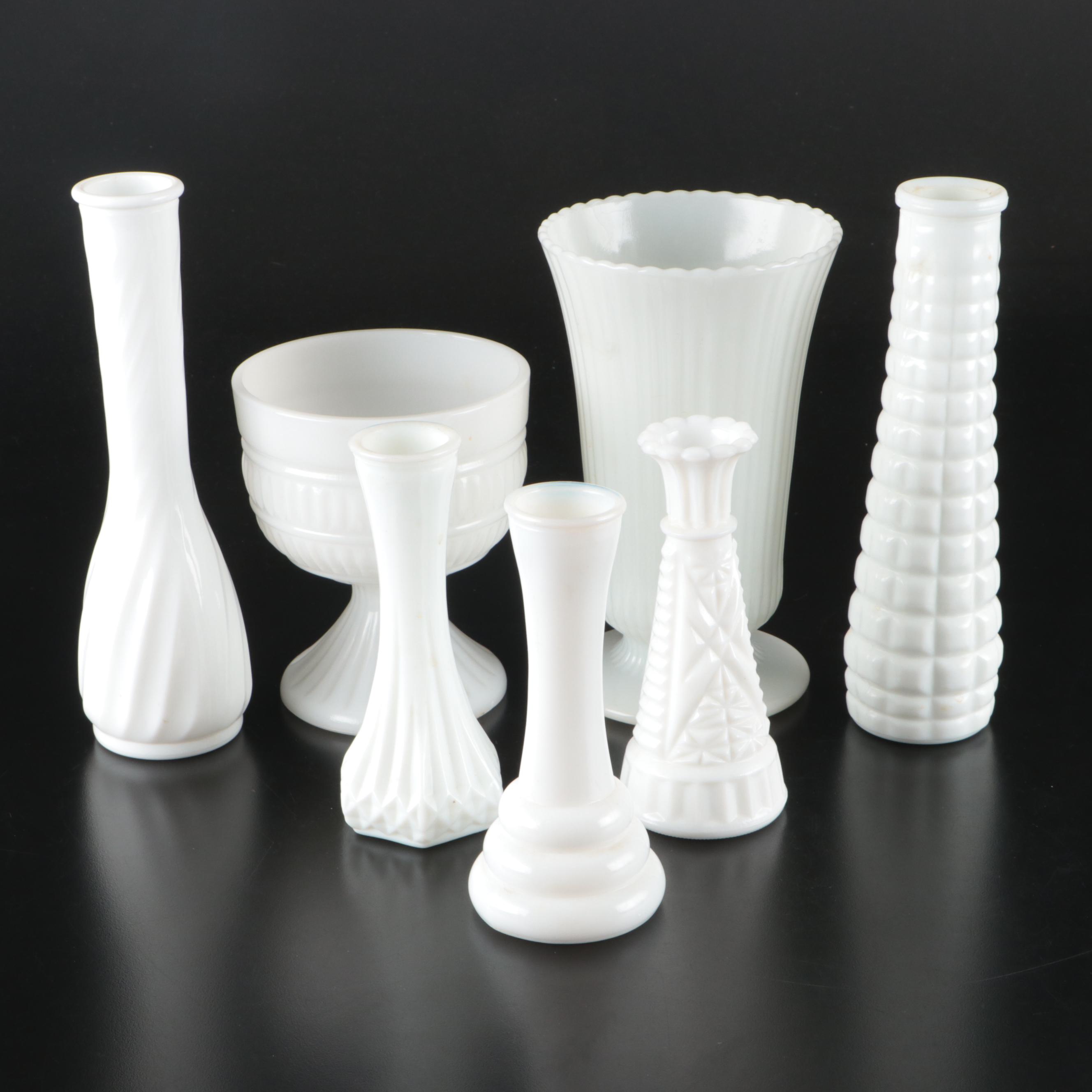 Vintage Milk Glass Vases and Chalice Bowl, Mid to Late 20th Century