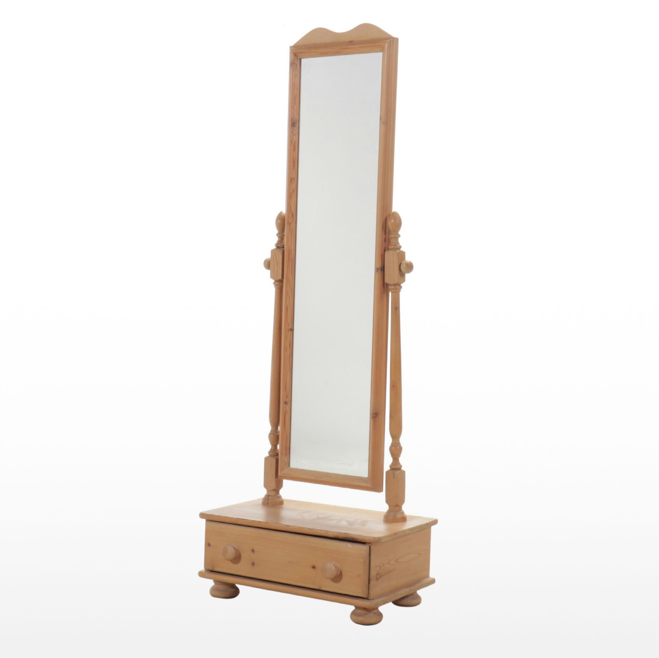 Pine Cheval Mirror with Storage Drawer, 20th Century