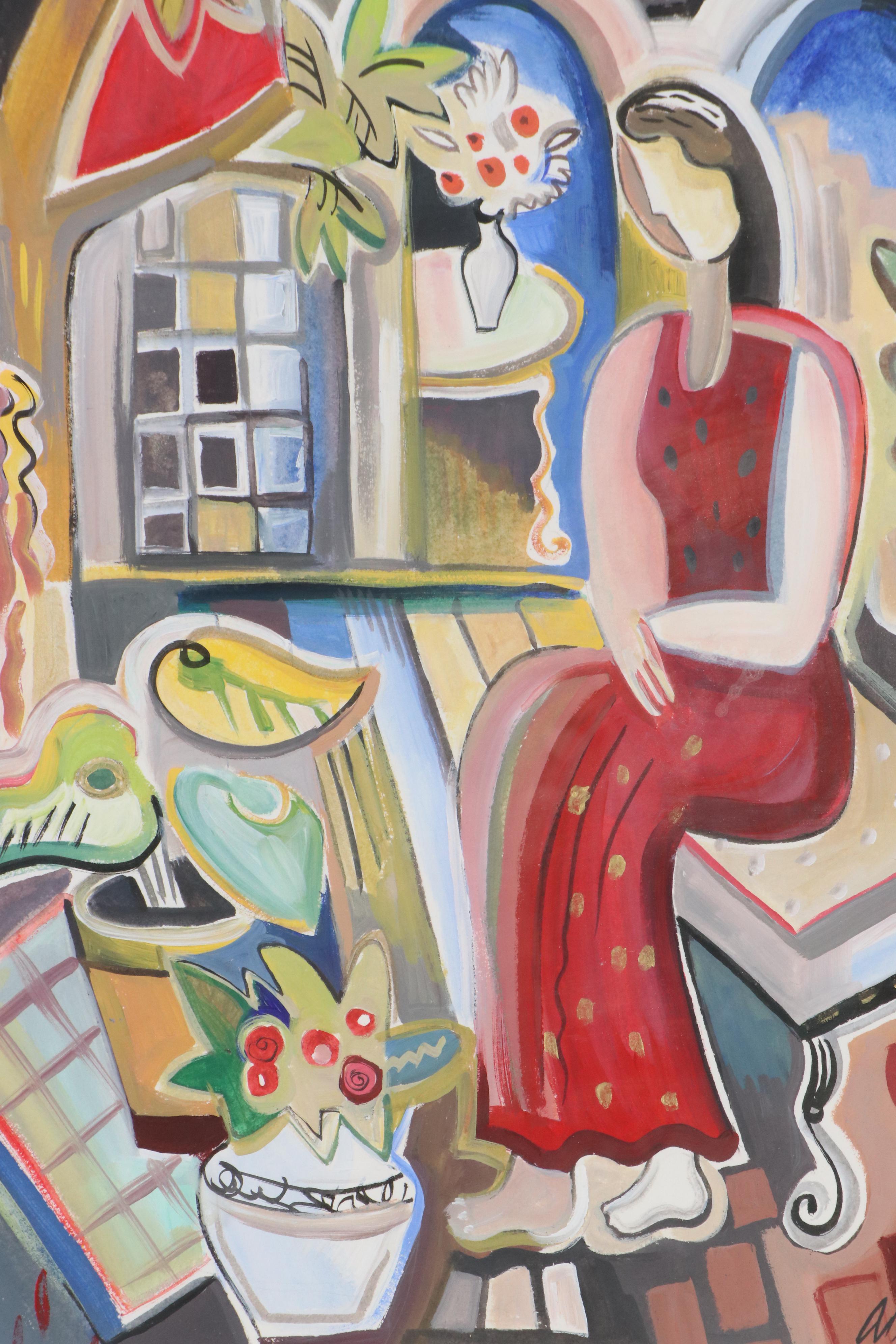 Amy Giust Modernist Figural Acrylic Paint "In the Courtyard"