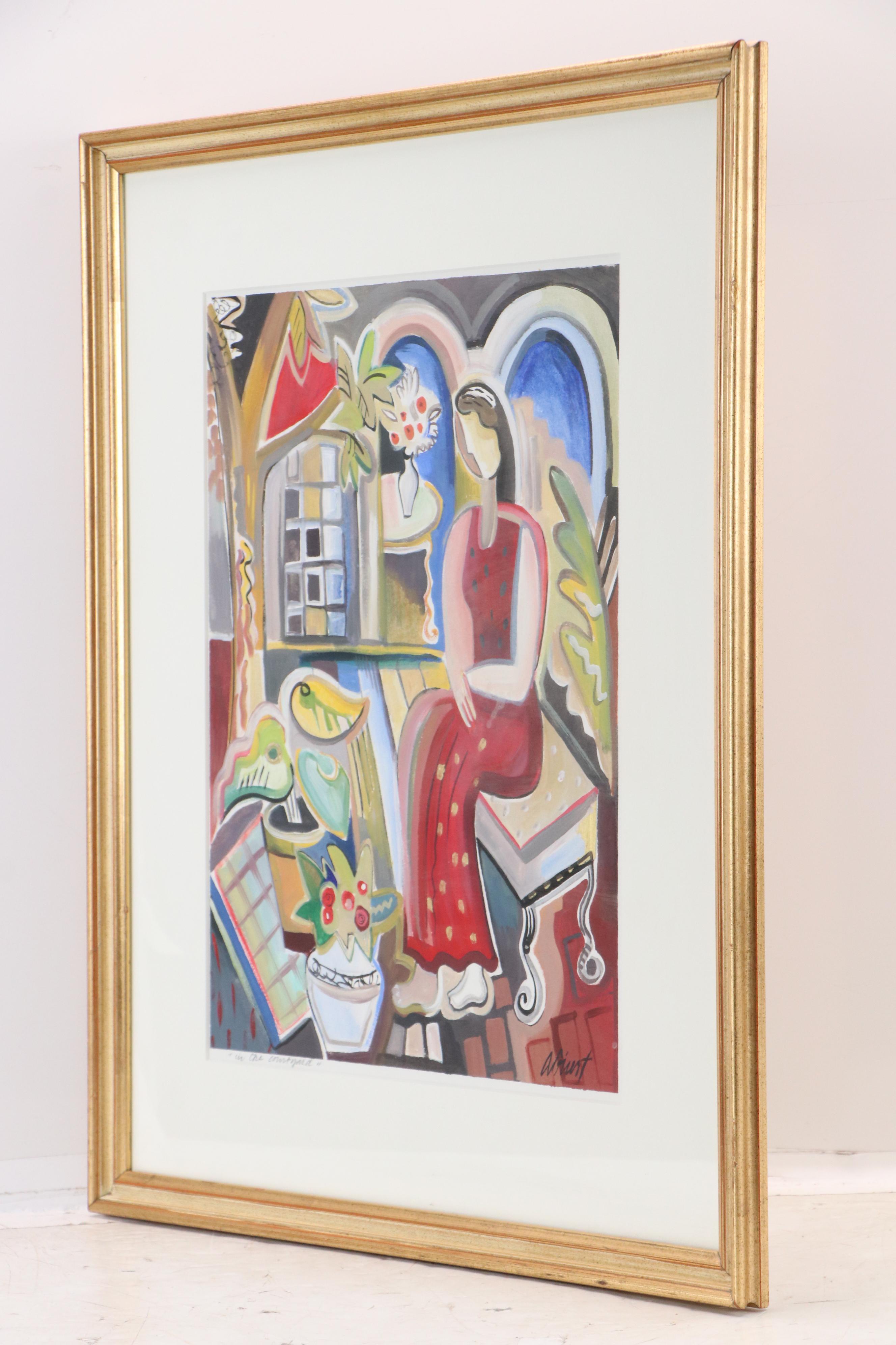 Amy Giust Modernist Figural Acrylic Paint "In the Courtyard"