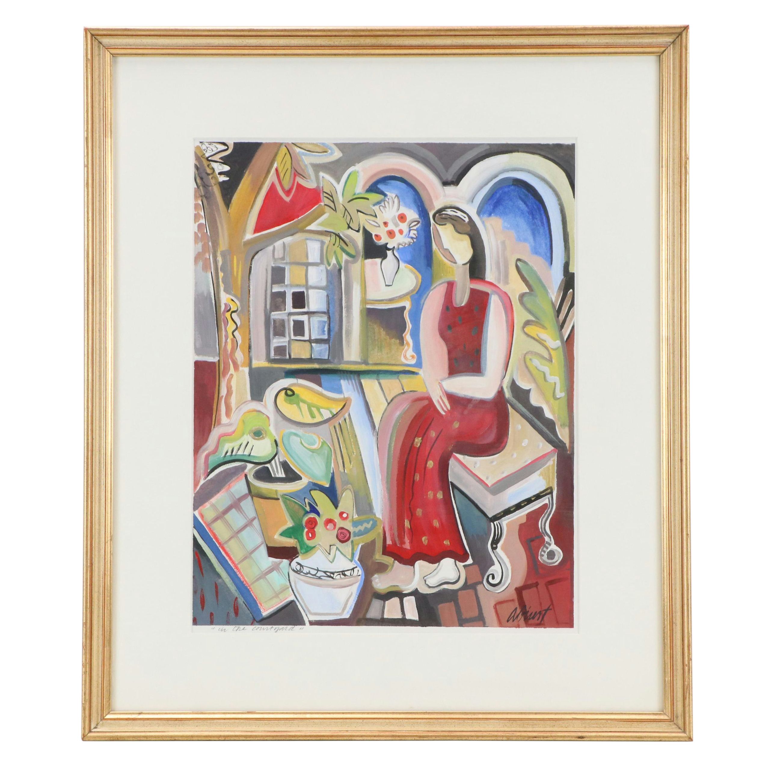 Amy Giust Modernist Figural Acrylic Paint "In the Courtyard"