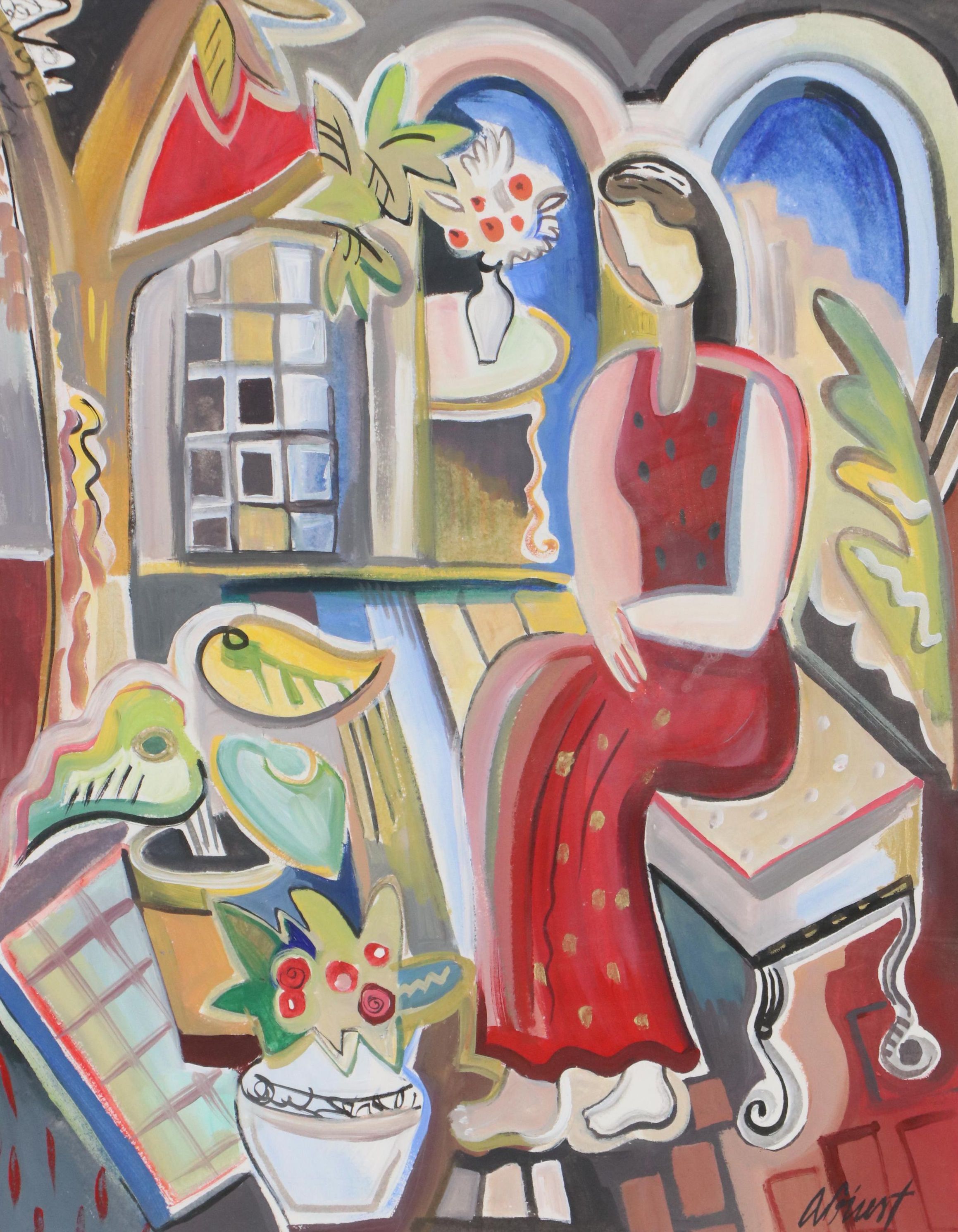Amy Giust Modernist Figural Acrylic Paint "In the Courtyard"