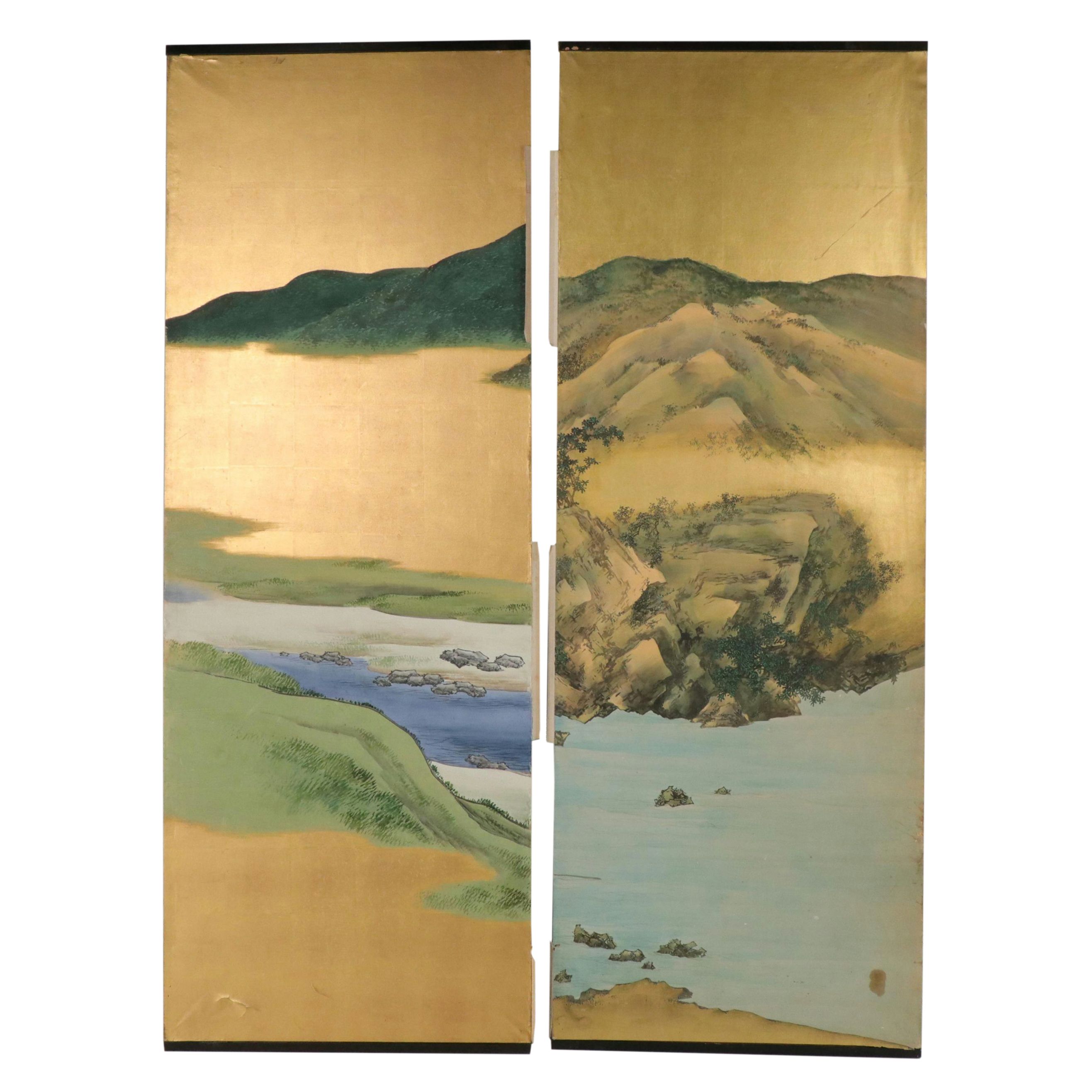 Pair of East Asian Hand-Painted and Gold Leaf Screen Panels with Landscapes
