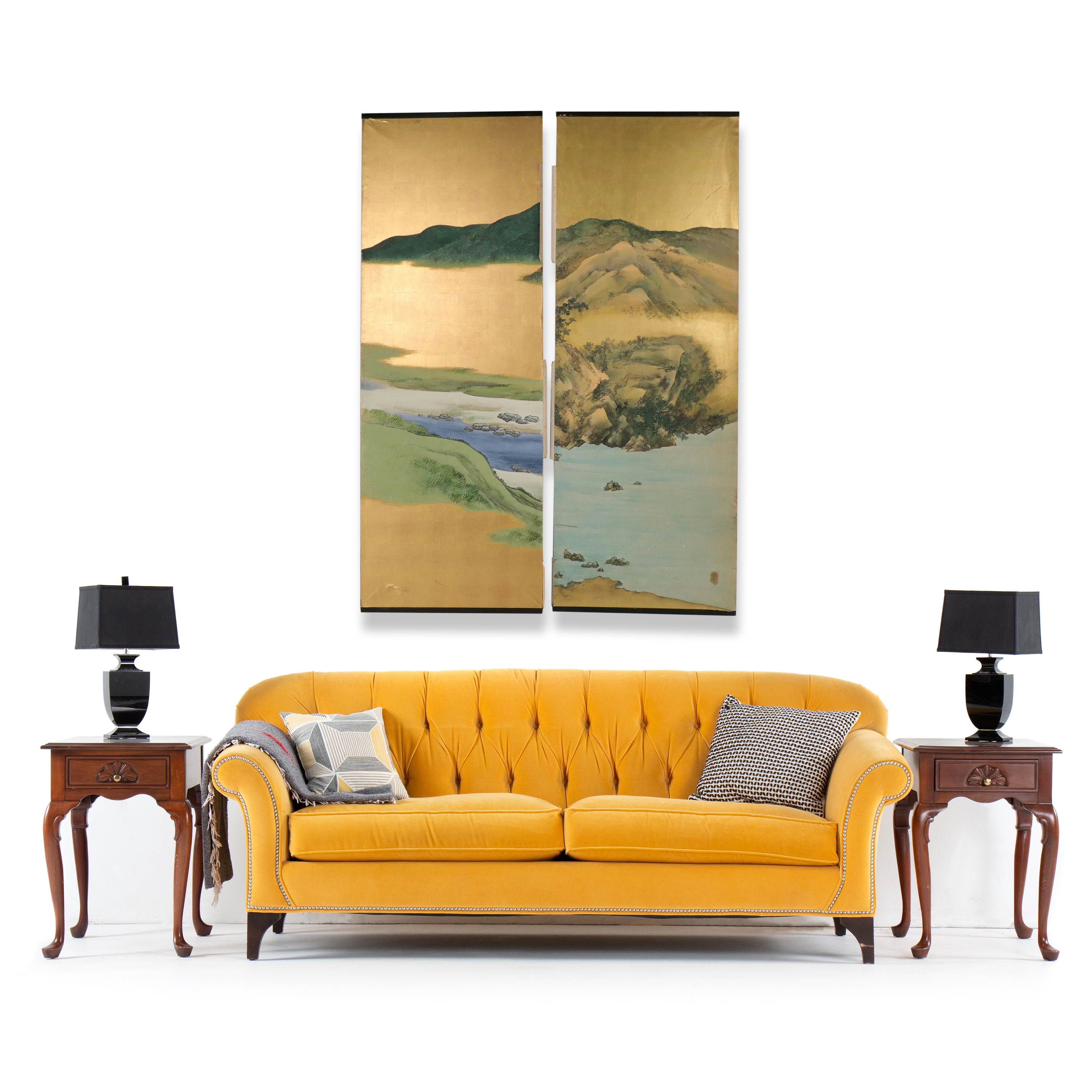 Pair of East Asian Hand-Painted and Gold Leaf Screen Panels with Landscapes