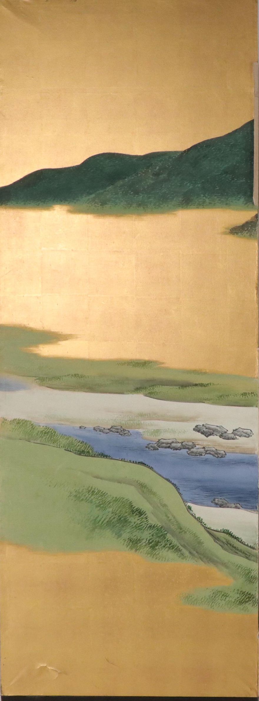 Pair of East Asian Hand-Painted and Gold Leaf Screen Panels with Landscapes