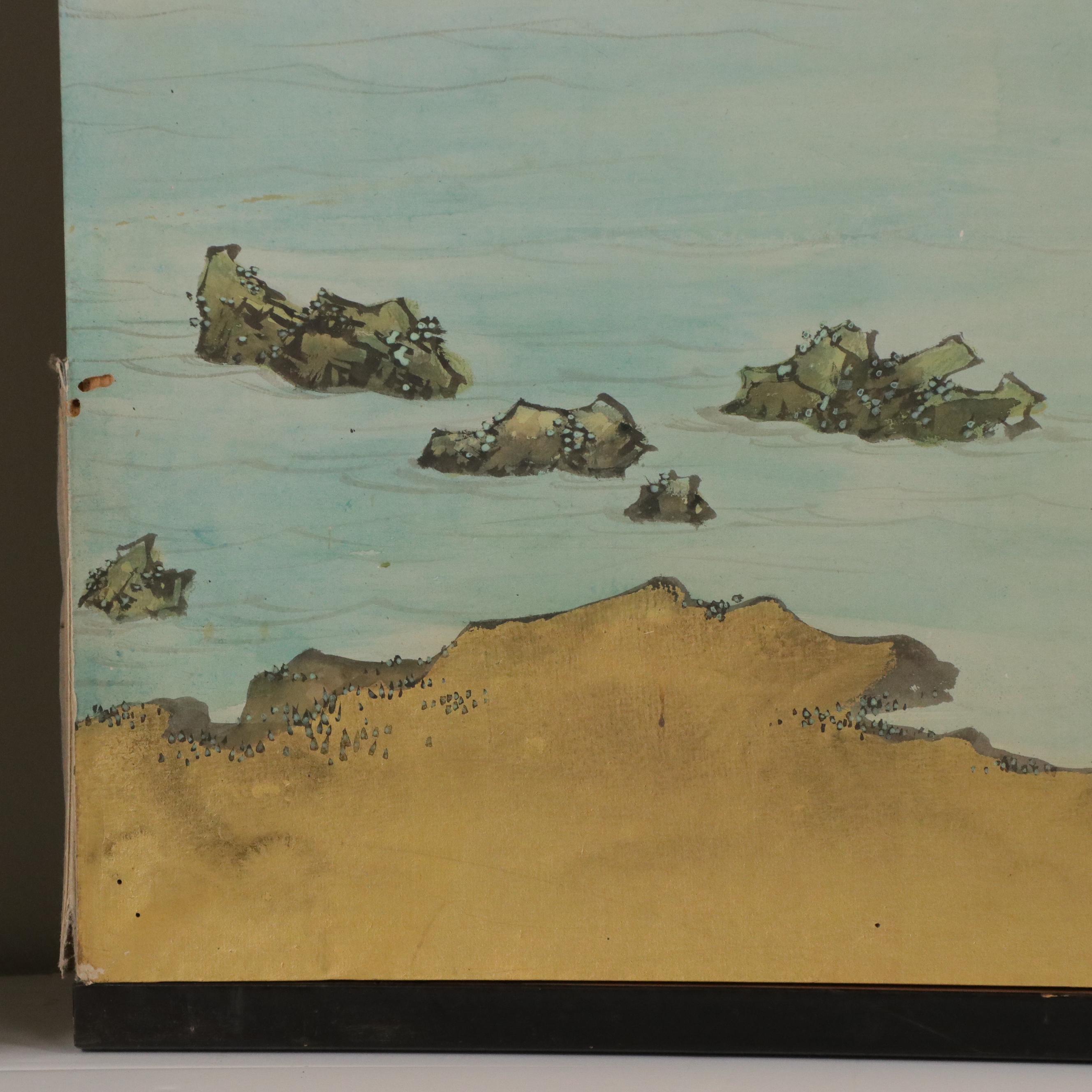 Pair of East Asian Hand-Painted and Gold Leaf Screen Panels with Landscapes