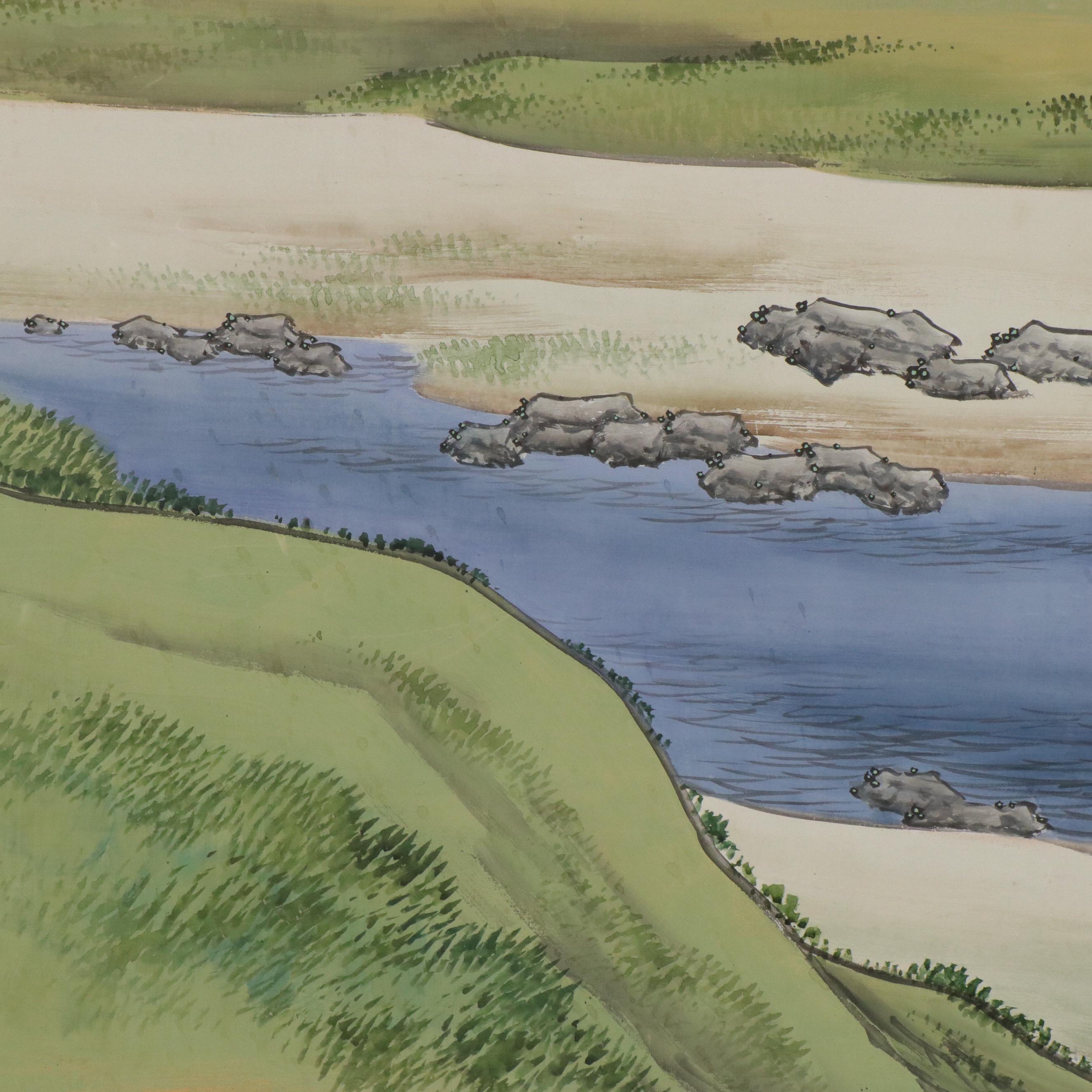 Pair of East Asian Hand-Painted and Gold Leaf Screen Panels with Landscapes