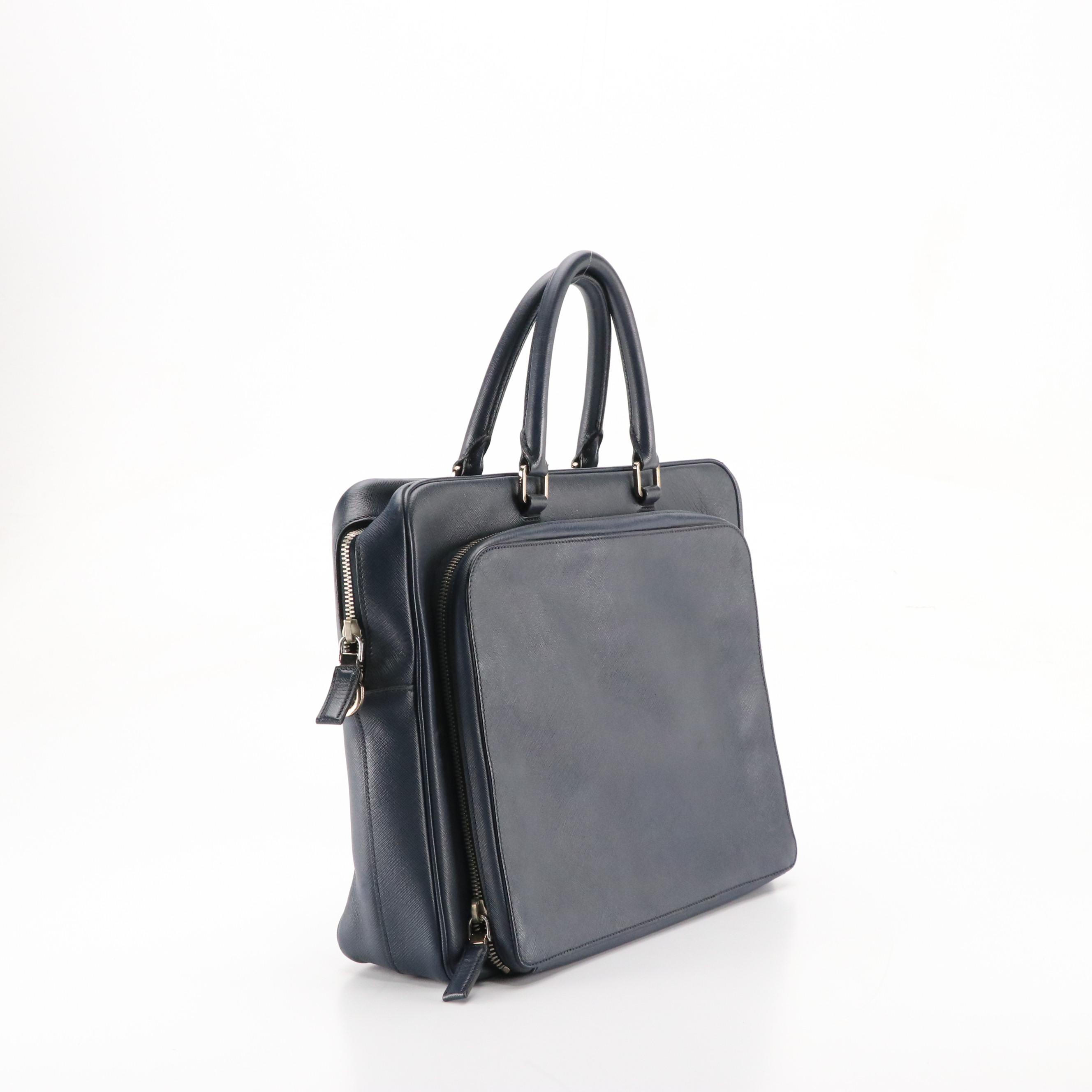 Prada Front Pocket Two-Way Travel Briefcase in Dark Blue Saffiano Leather