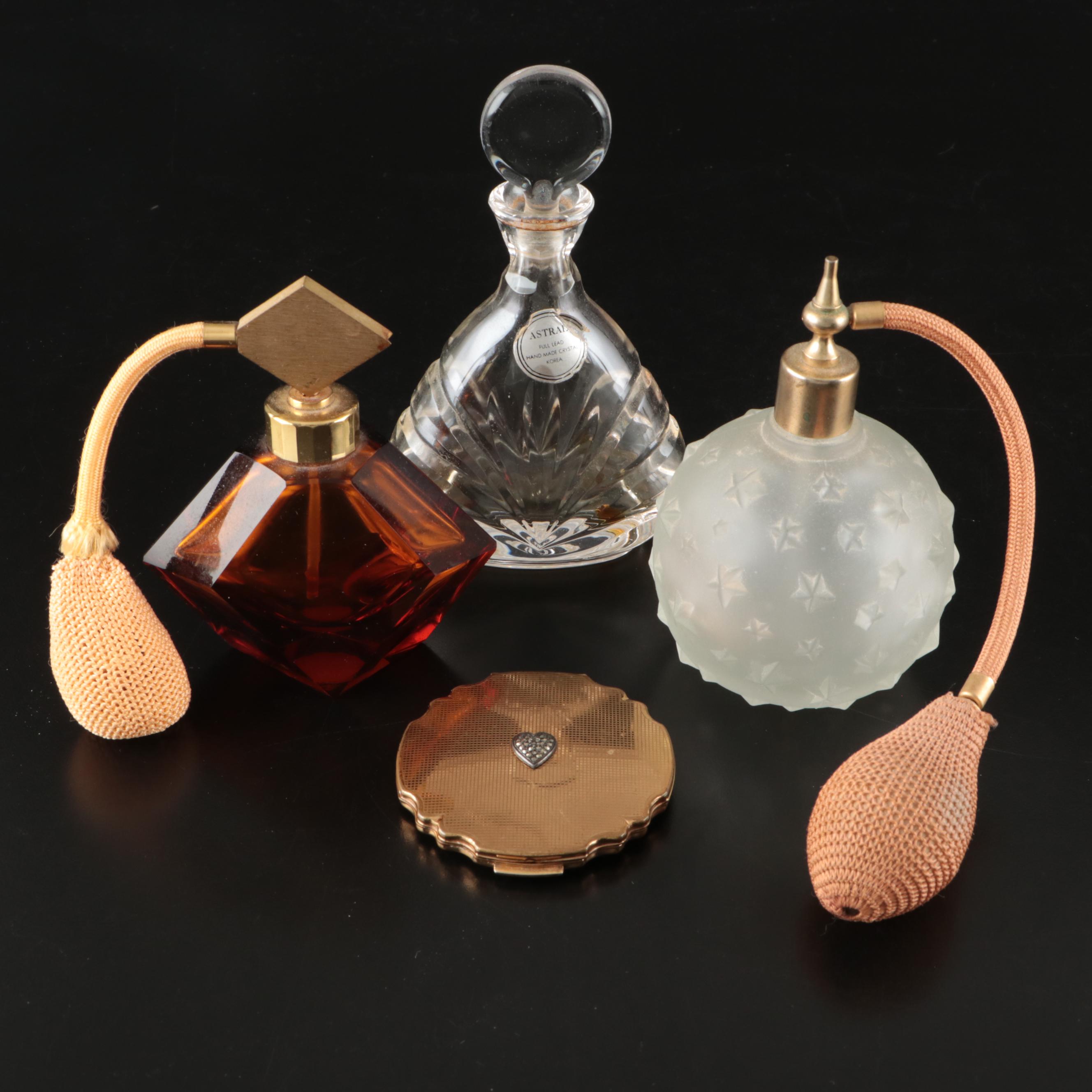 Crystal and Glass Perfume Bottles with Atomizers, Stratton Powder Compact