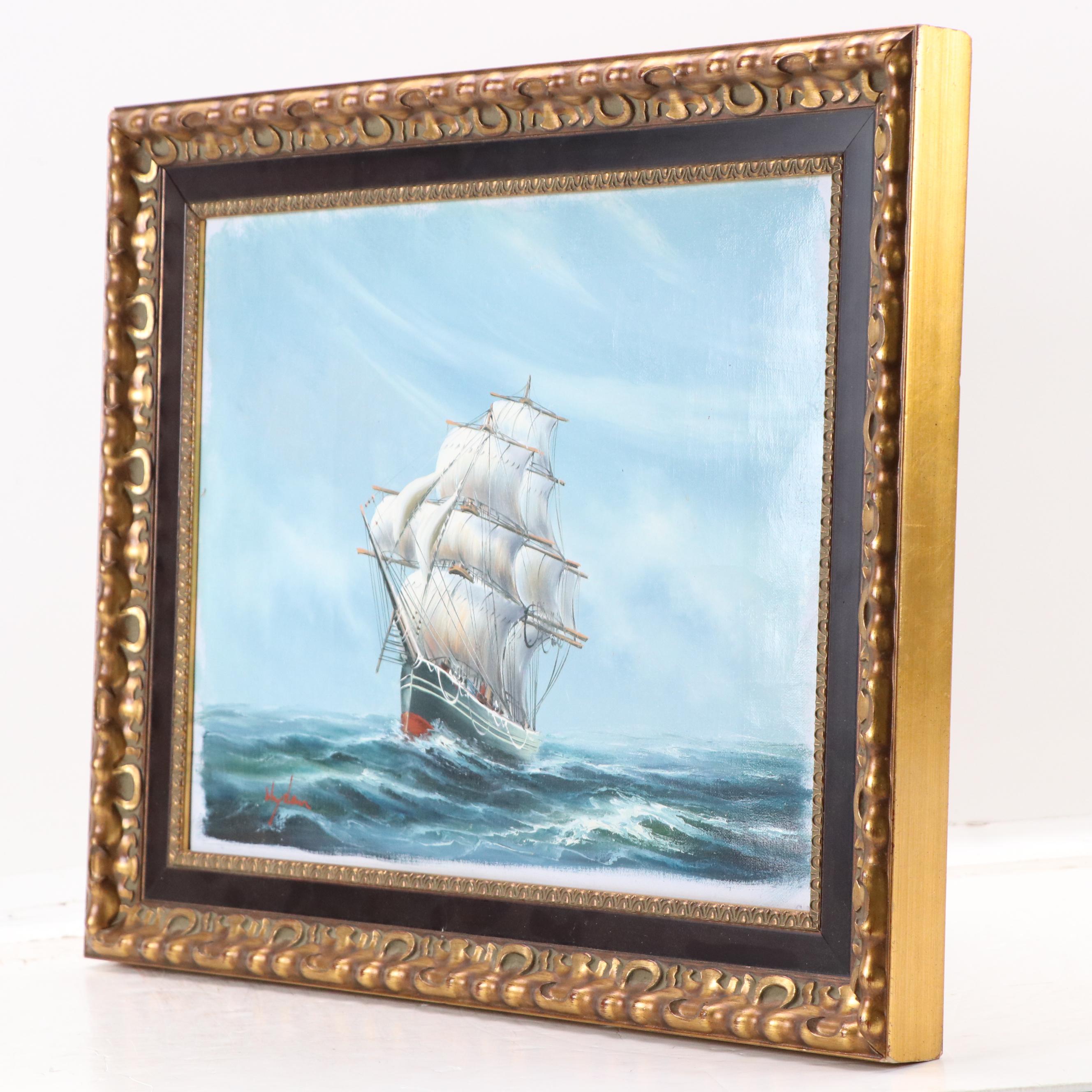 Mydan Maritime Oil Painting of Clipper Ship at Sea, Mid to Late 20th Century