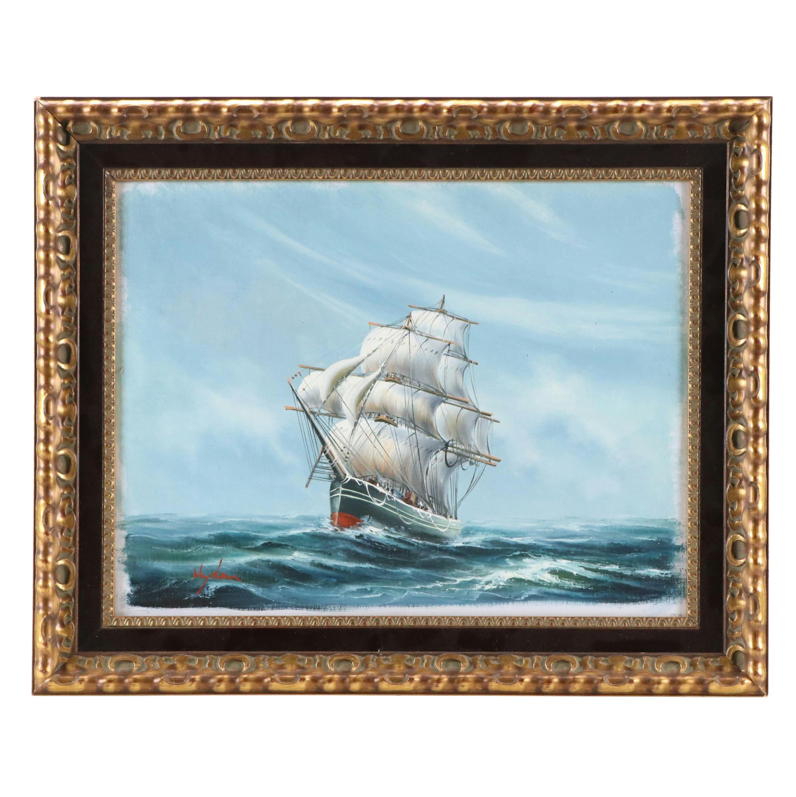 Mydan Maritime Oil Painting of Clipper Ship at Sea, Mid to Late 20th Century