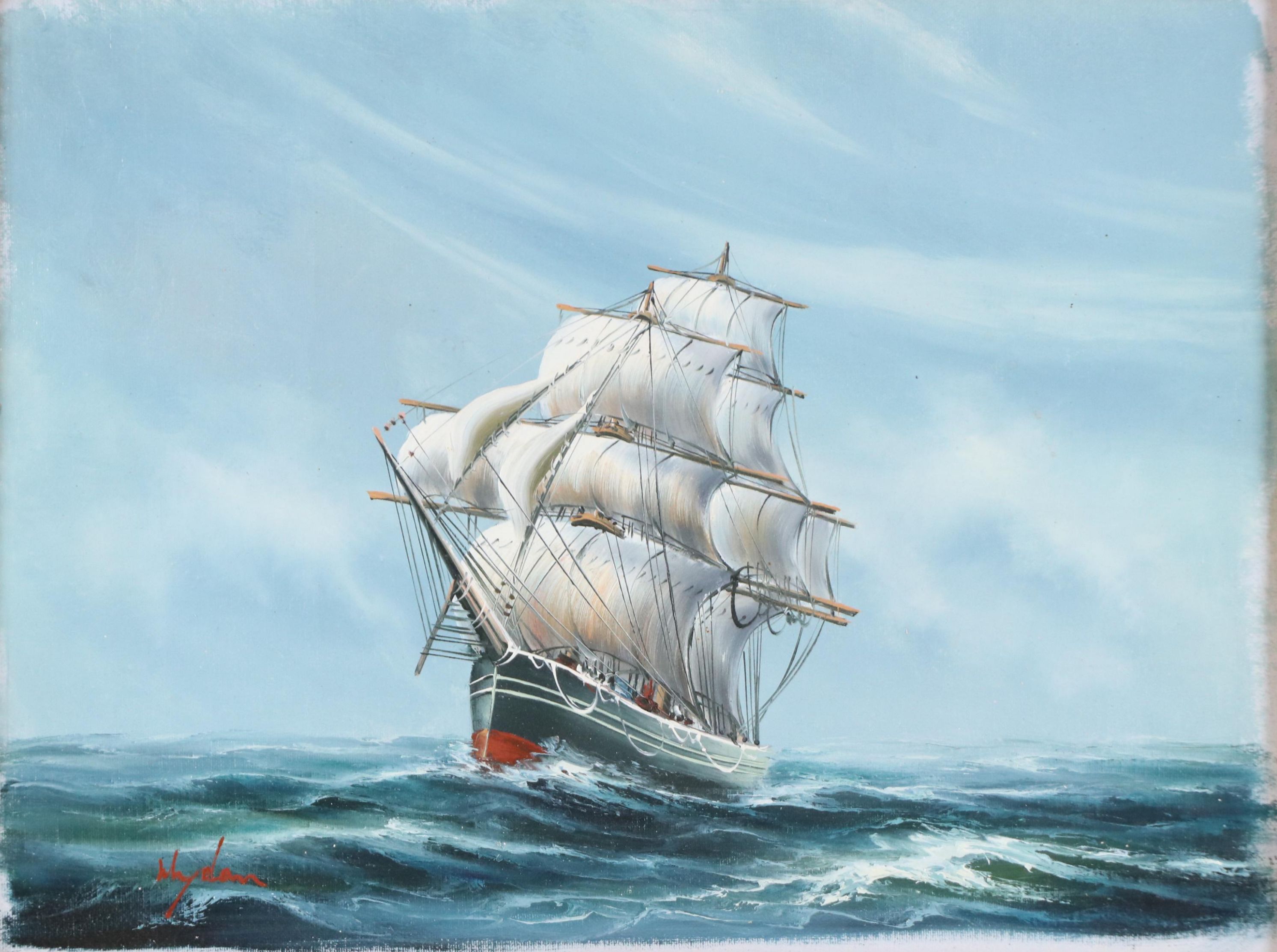 Mydan Maritime Oil Painting of Clipper Ship at Sea, Mid to Late 20th Century