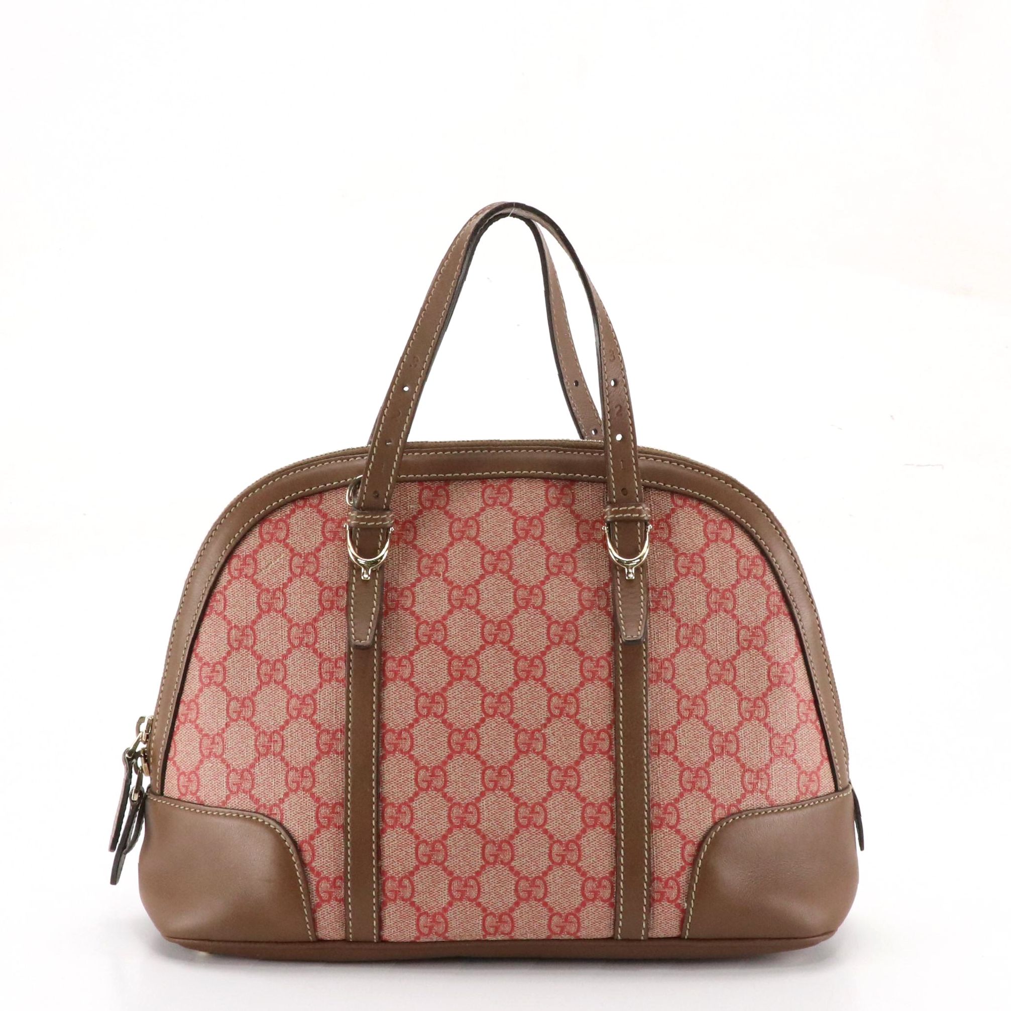 Gucci Domed Two-Way Satchel in Pink GG Supreme Canvas and Brown Leather Trim