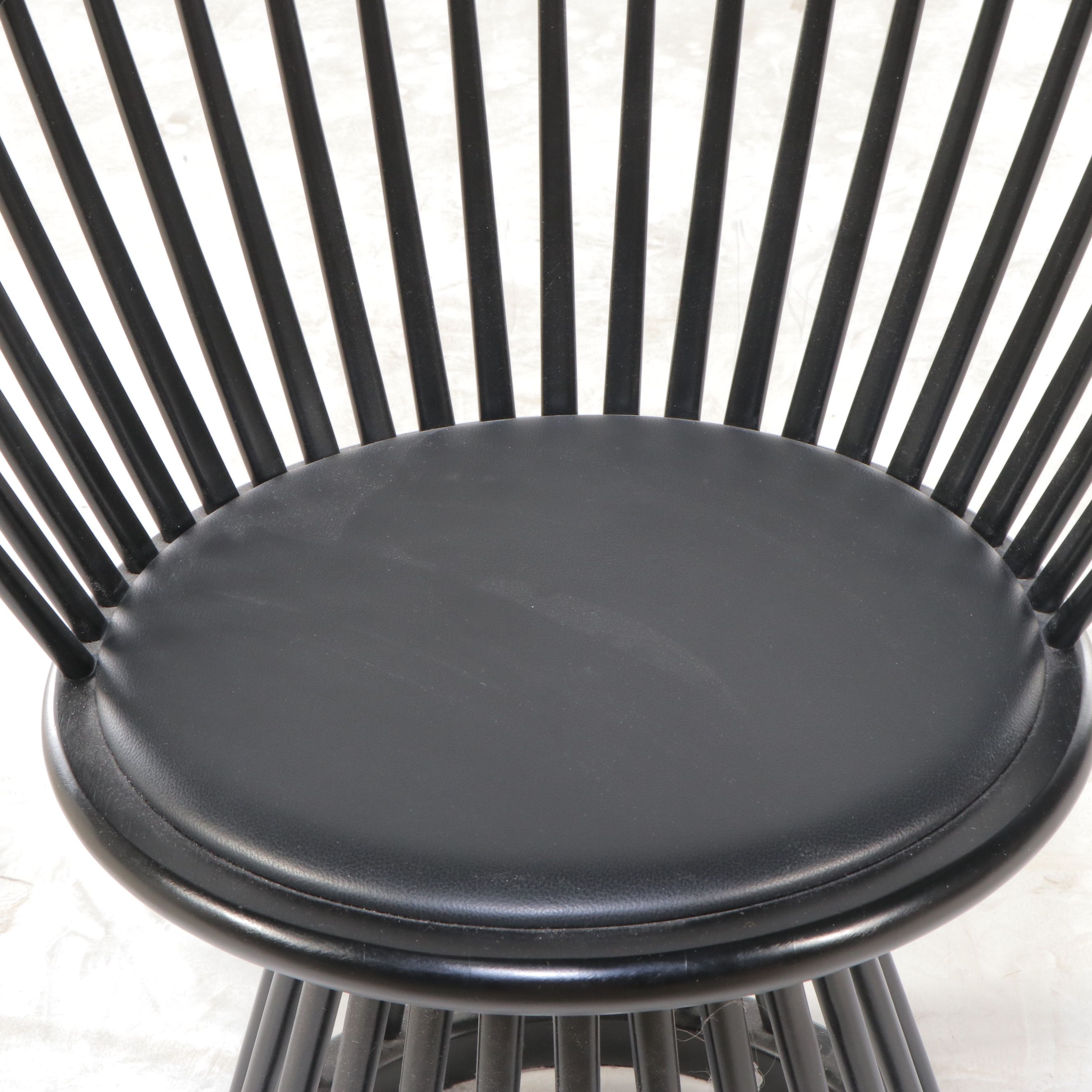 Tom Dixon Style Windsor Style Fan Back Wooden Chair with Leather Seat