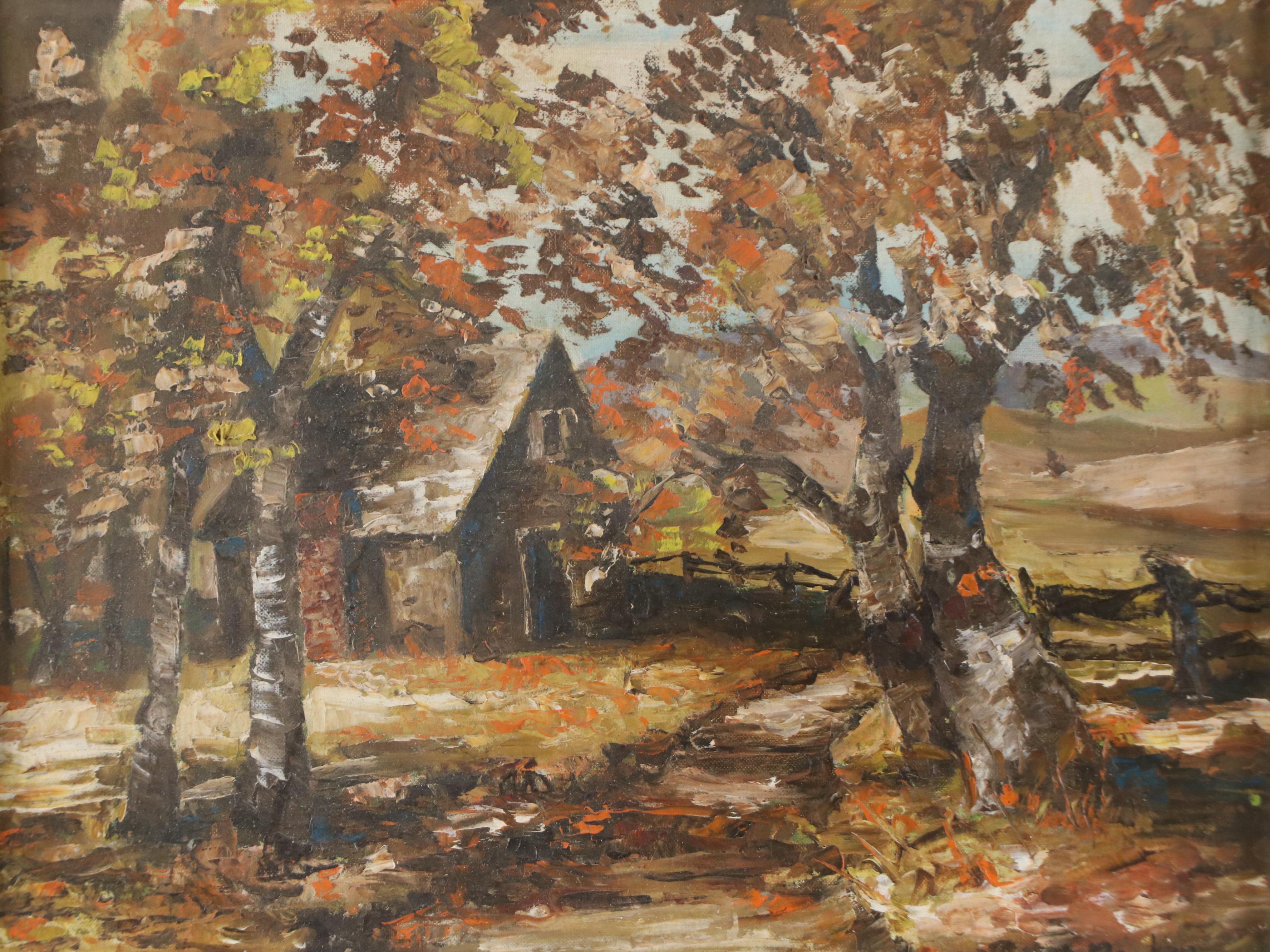 Jackie Bowker Impressionistic Impasto Oil Painting of Cottage in Autumn