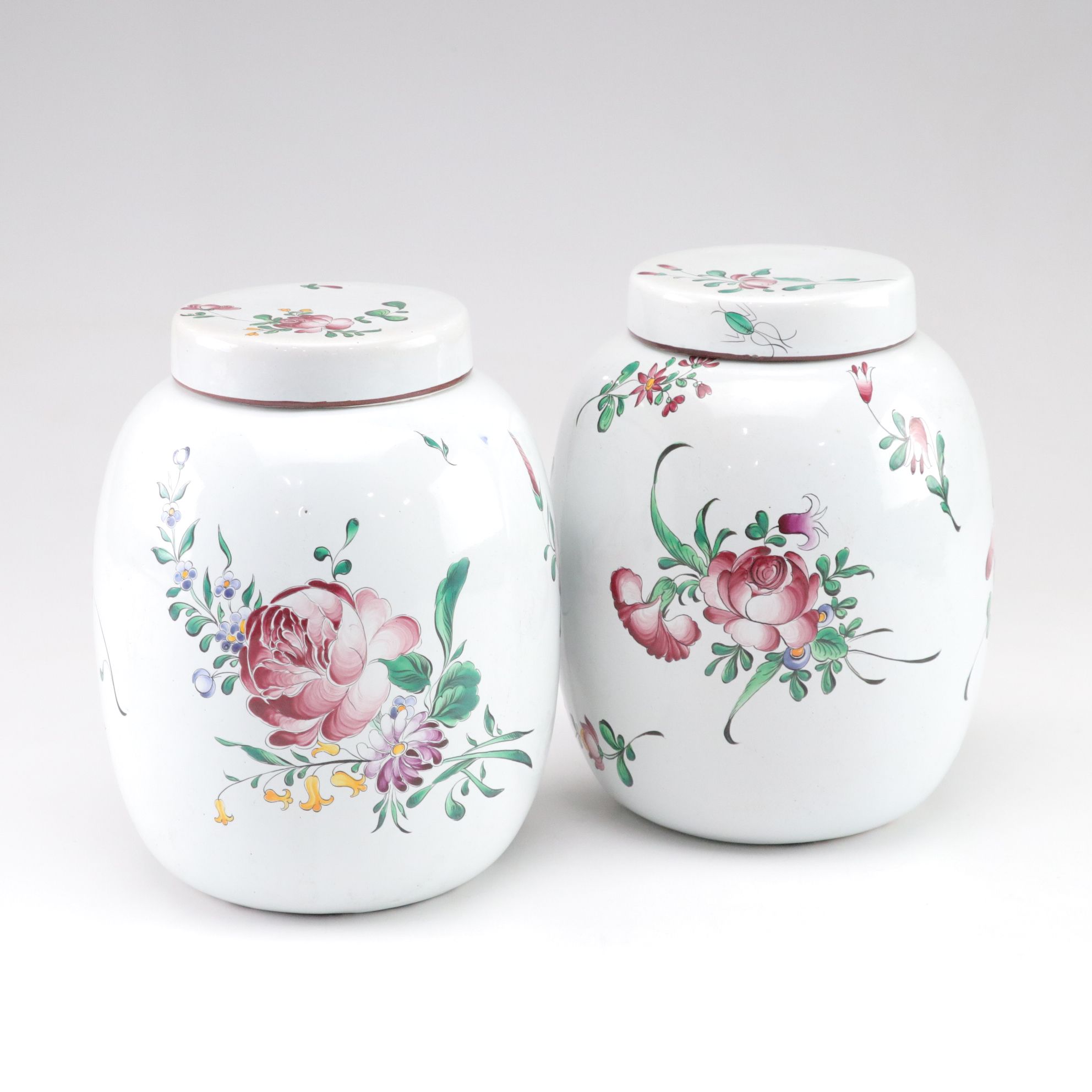 Two French Faience Ceramic Lidded Jars, Mid to Late 20th Century