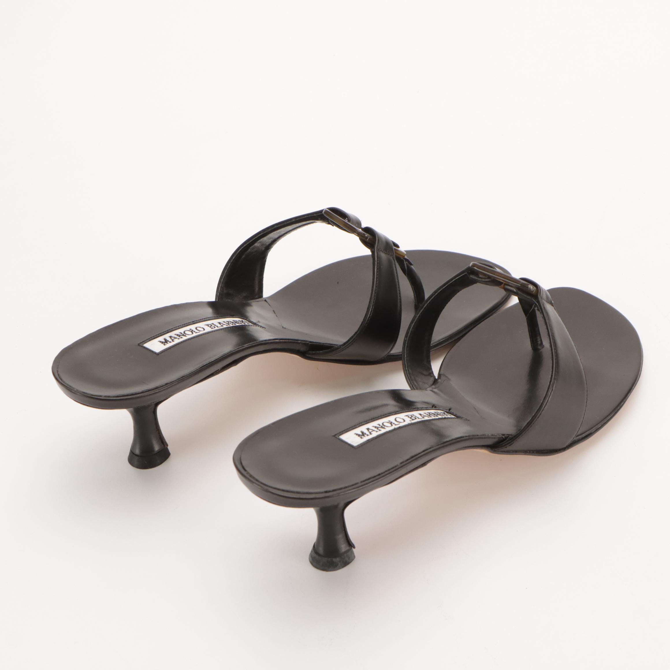 Manolo Blahnik Black Leather Low-Heeled Thong Strap Sandals in Box