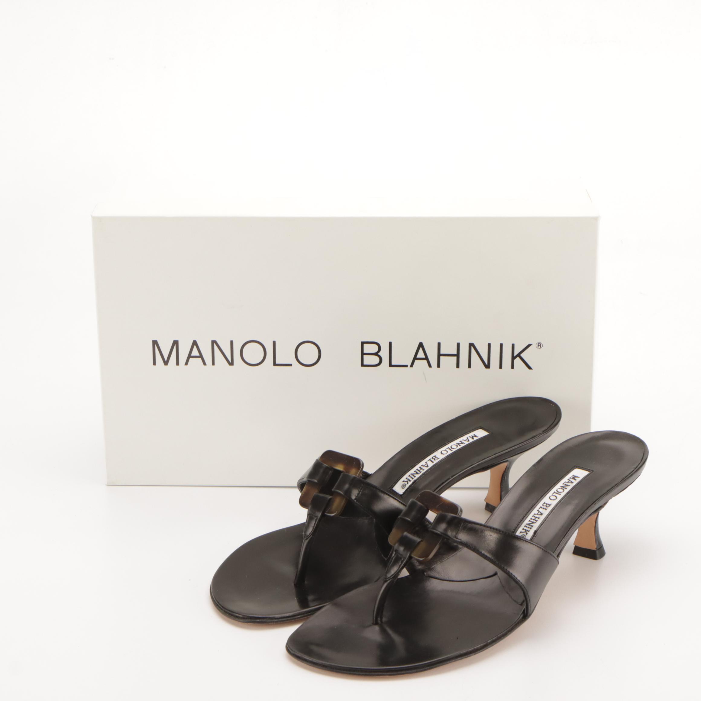 Manolo Blahnik Black Leather Low-Heeled Thong Strap Sandals in Box