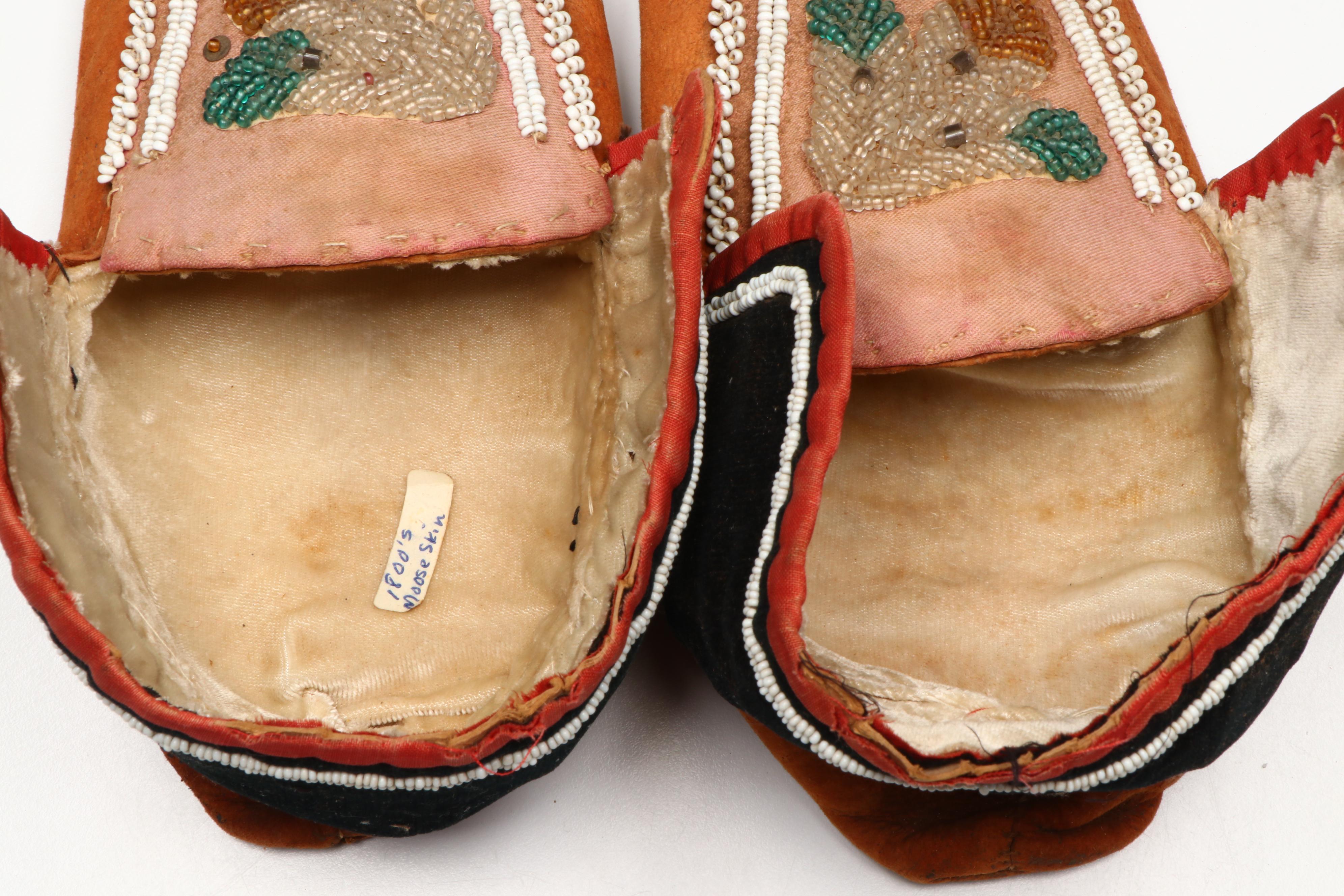 Pair of Haudenosaunee (Iroquois) Hand-Beaded Hide Moccasins