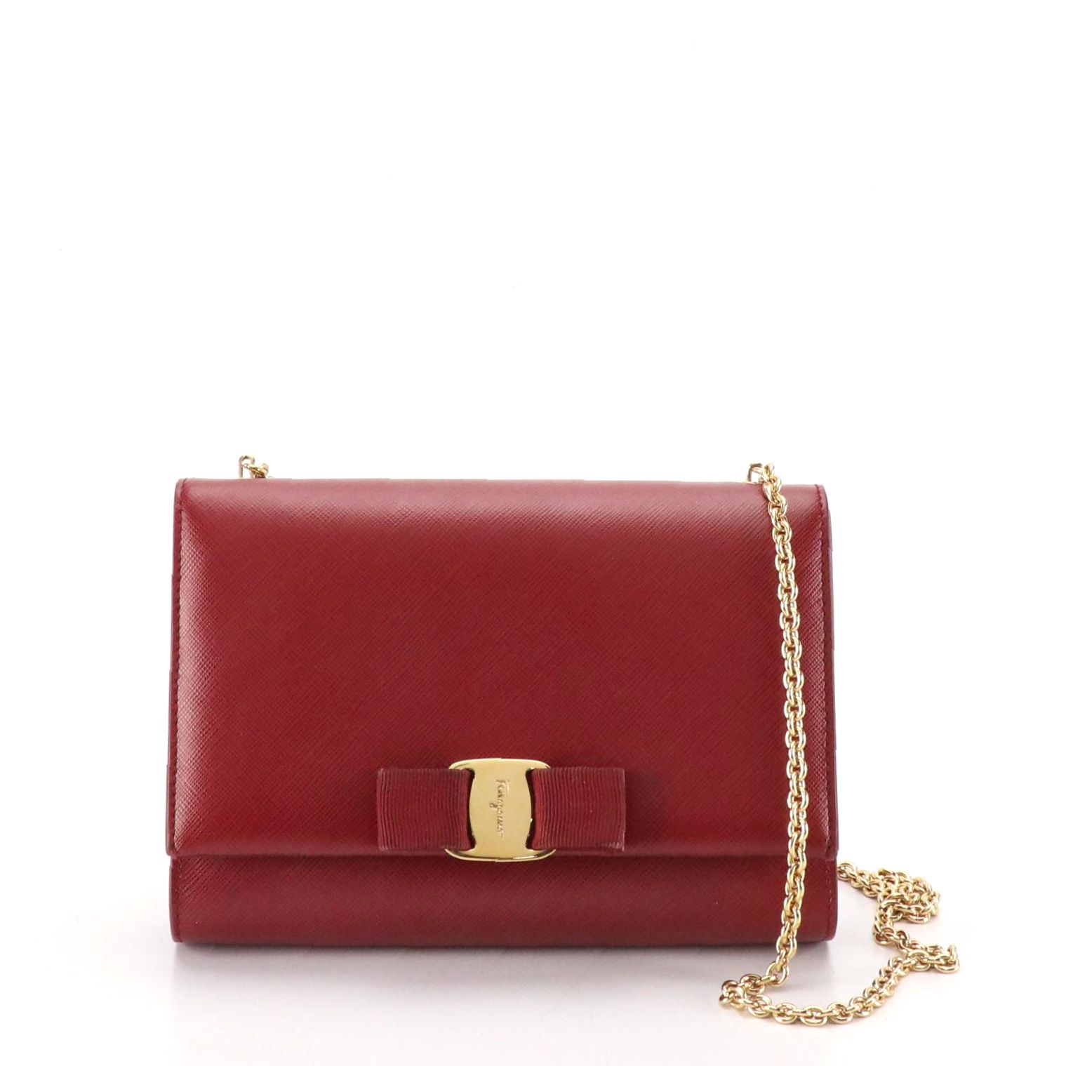 Salvatore Ferragamo Vara Bow Crossbody Bag in Dark Red Saffiano Leather With Box