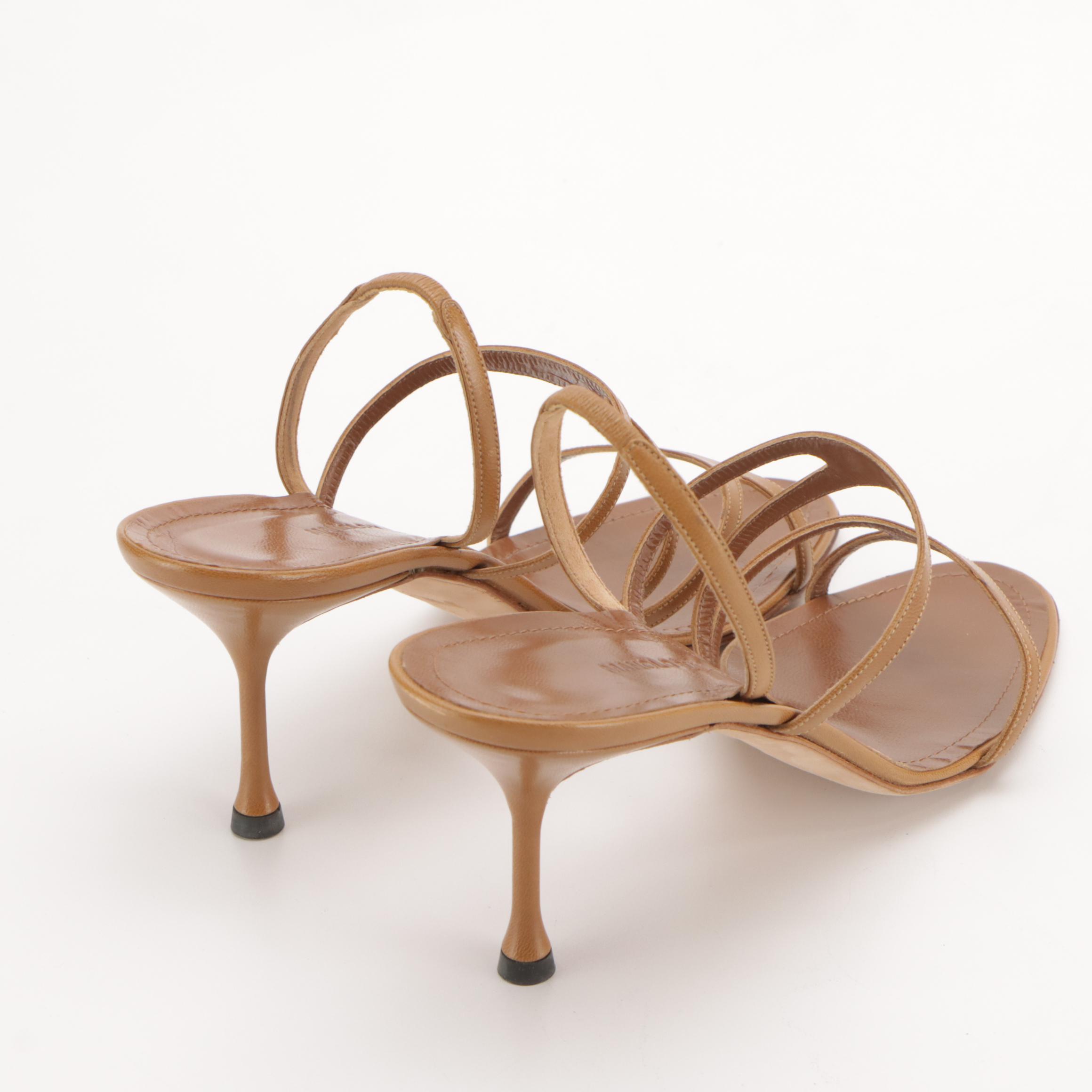 Manolo Blahnik Strappy Brown Leather Slingback Sandals in Box