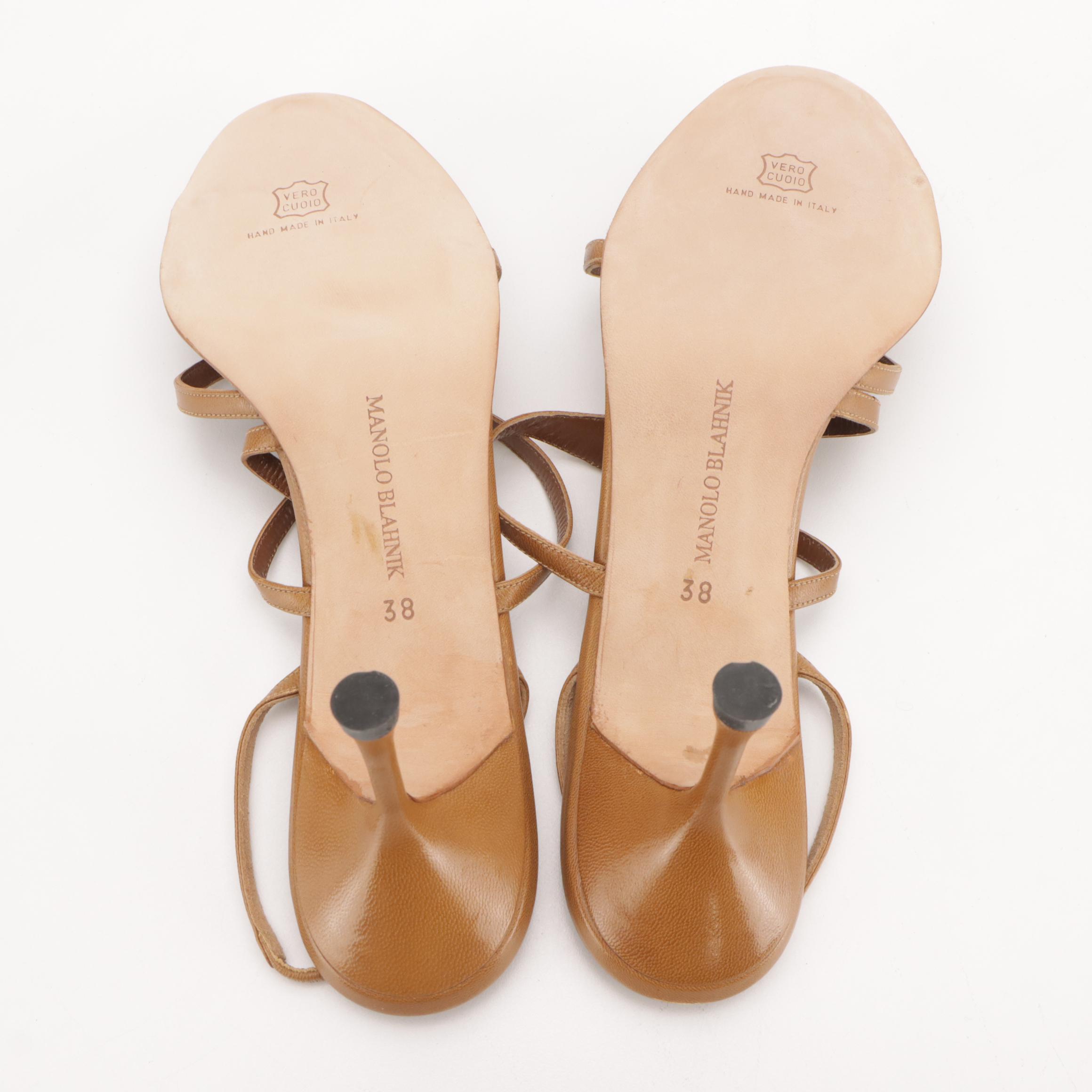 Manolo Blahnik Strappy Brown Leather Slingback Sandals in Box
