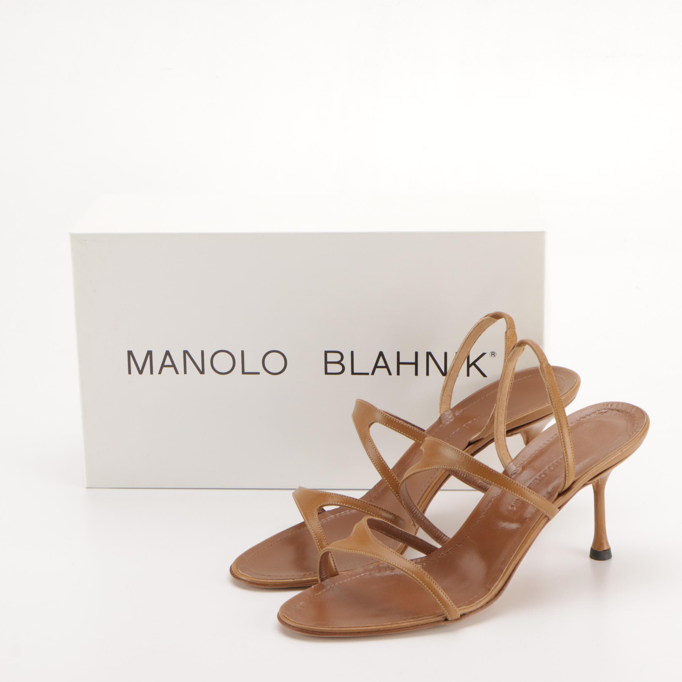 Manolo Blahnik Strappy Brown Leather Slingback Sandals in Box