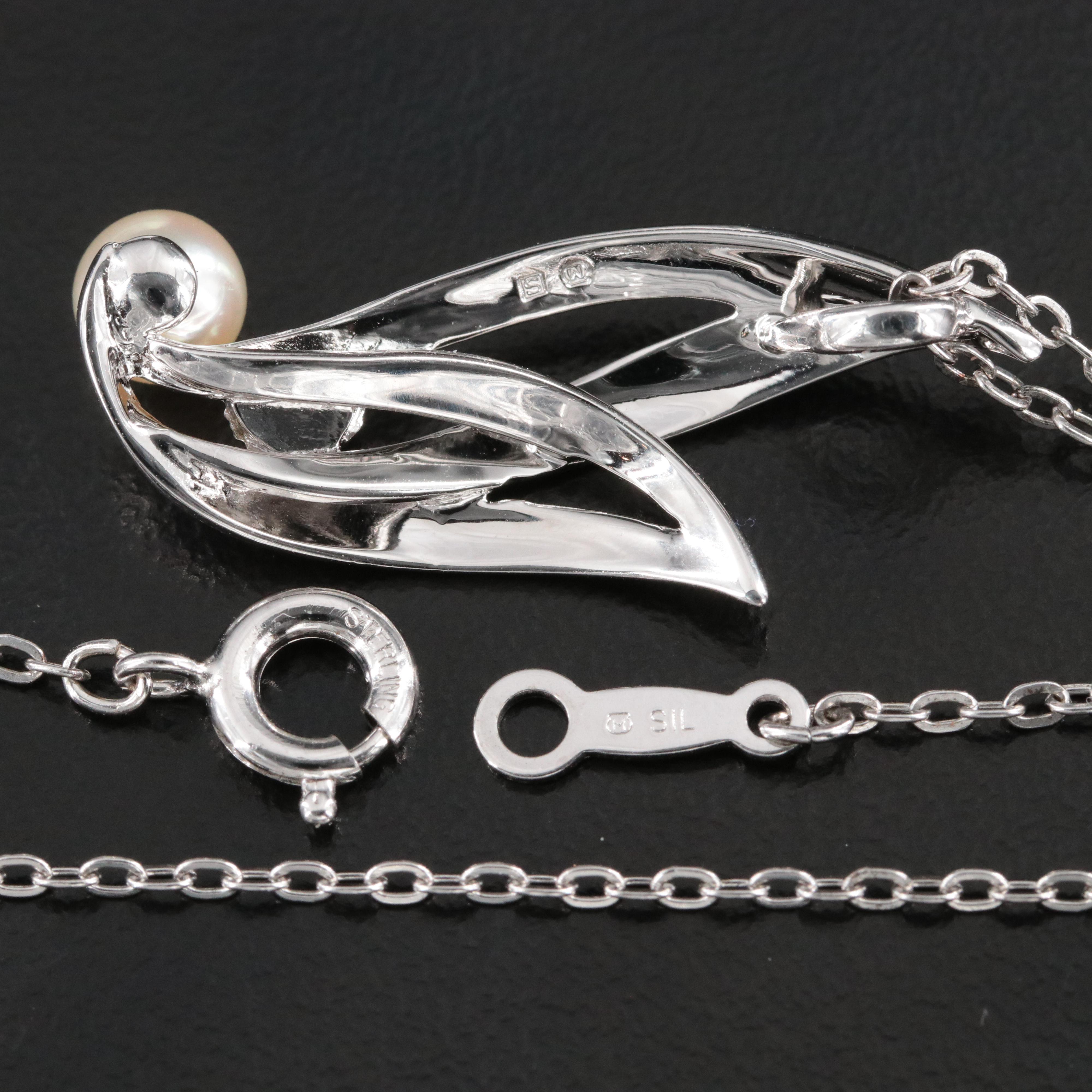 Mikimoto Sterling Pearl Foliate Pendant Necklace