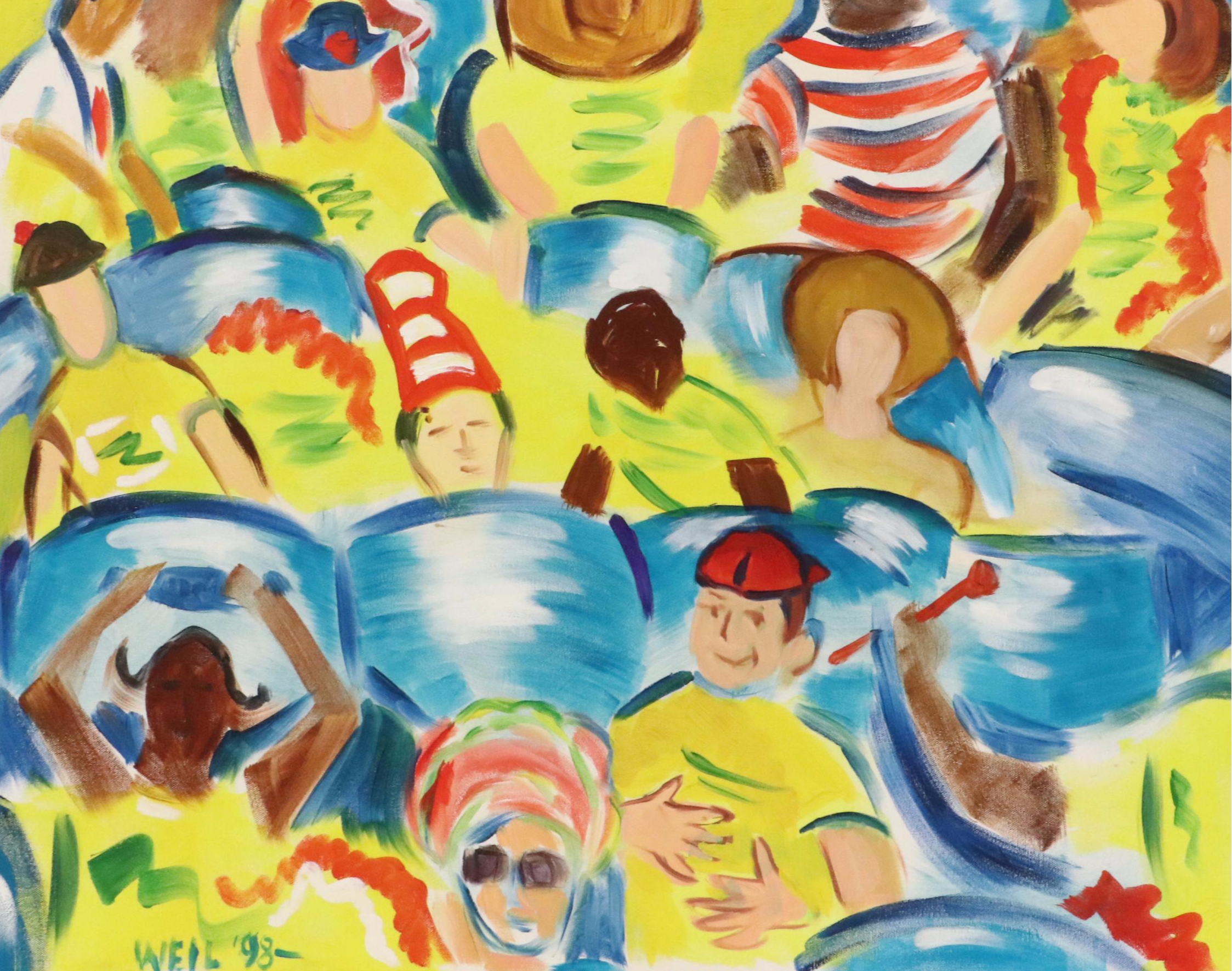 Roberto Weil Stylized Acrylic Painting of Crowded Figures, 1998