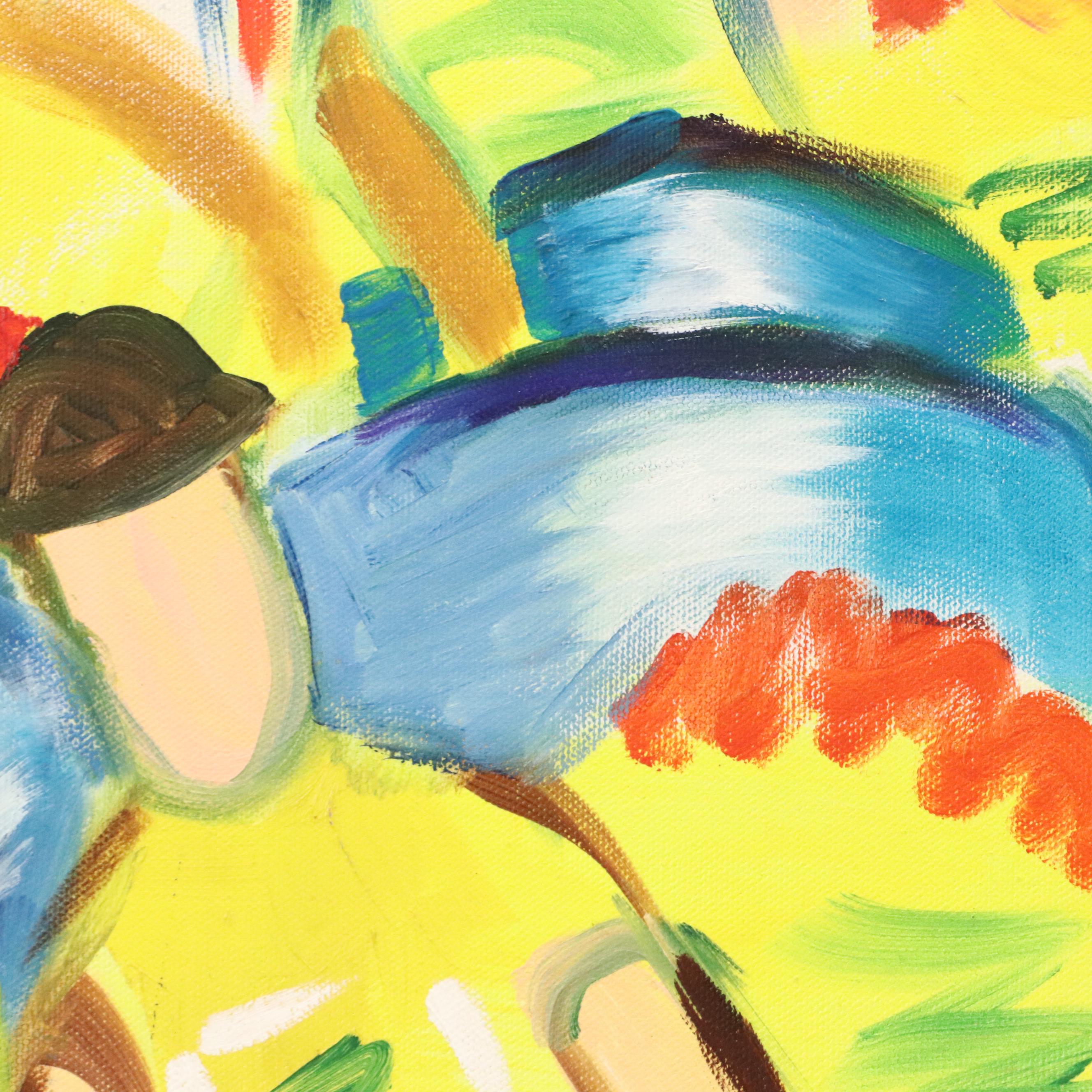 Roberto Weil Stylized Acrylic Painting of Crowded Figures, 1998