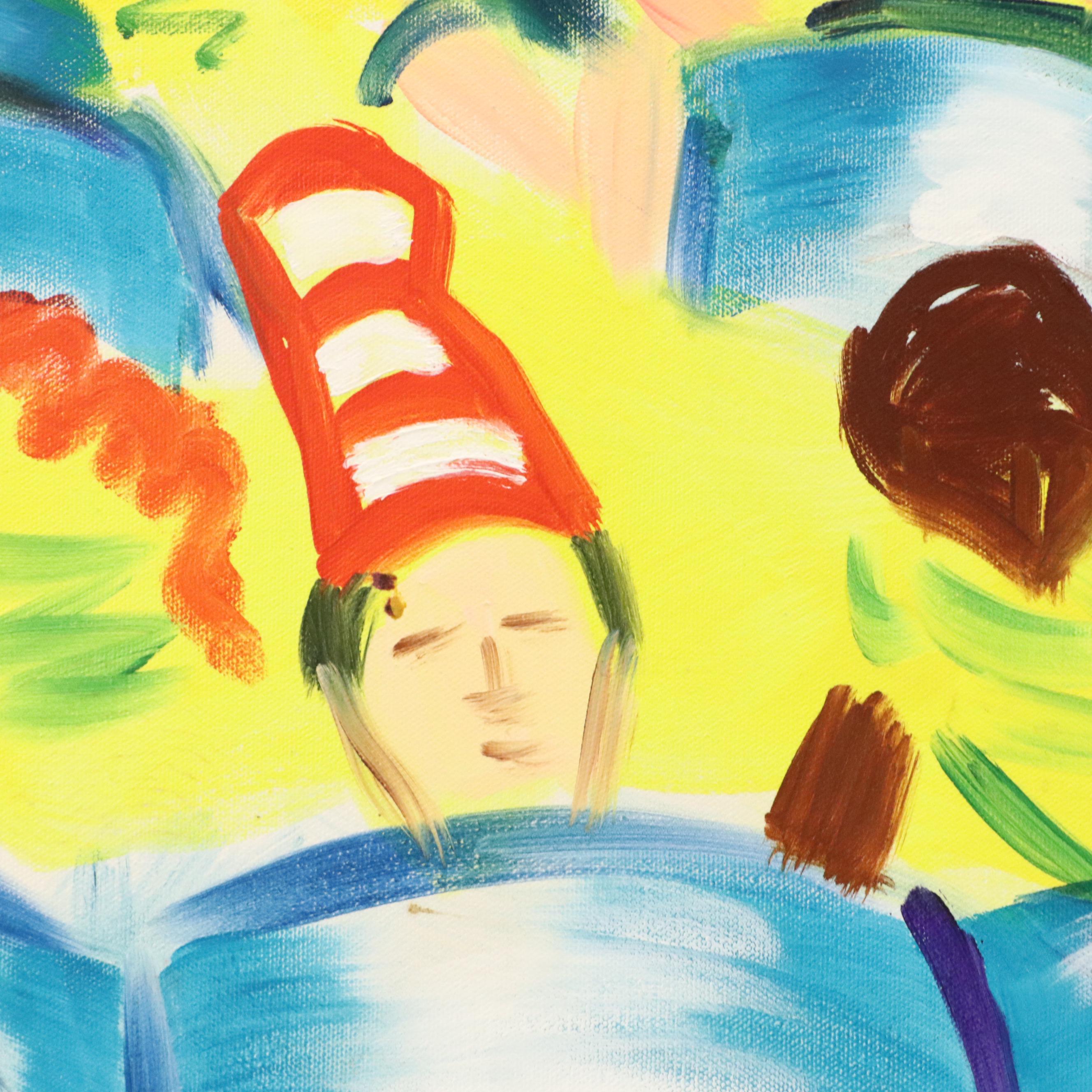 Roberto Weil Stylized Acrylic Painting of Crowded Figures, 1998