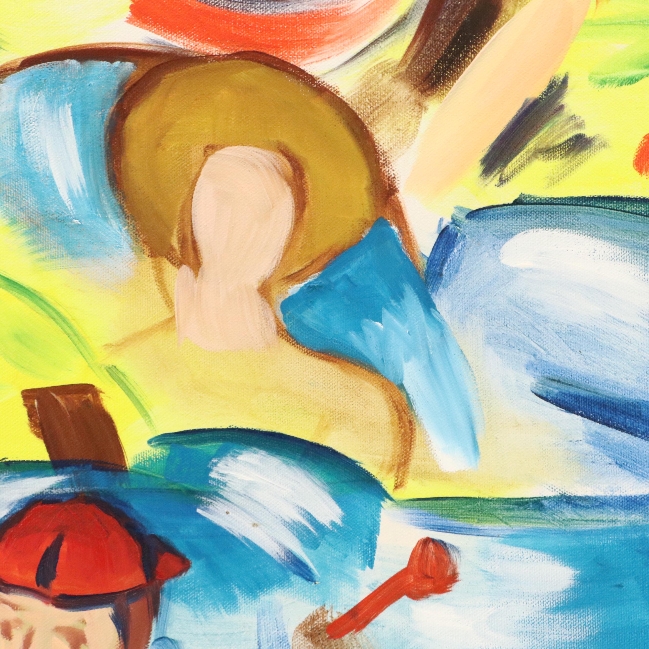 Roberto Weil Stylized Acrylic Painting of Crowded Figures, 1998