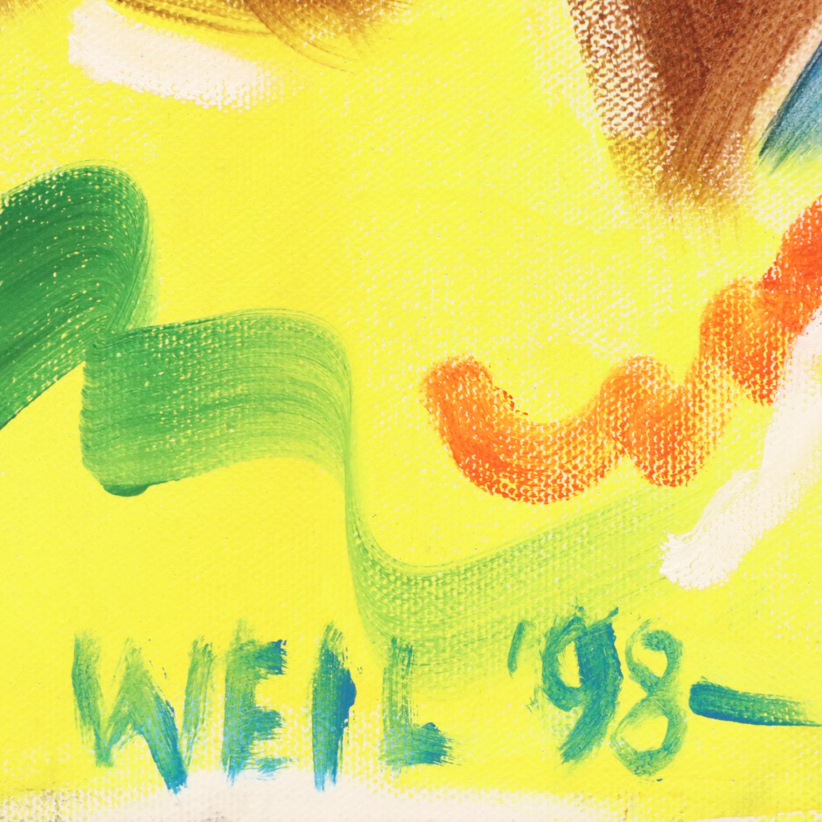 Roberto Weil Stylized Acrylic Painting of Crowded Figures, 1998