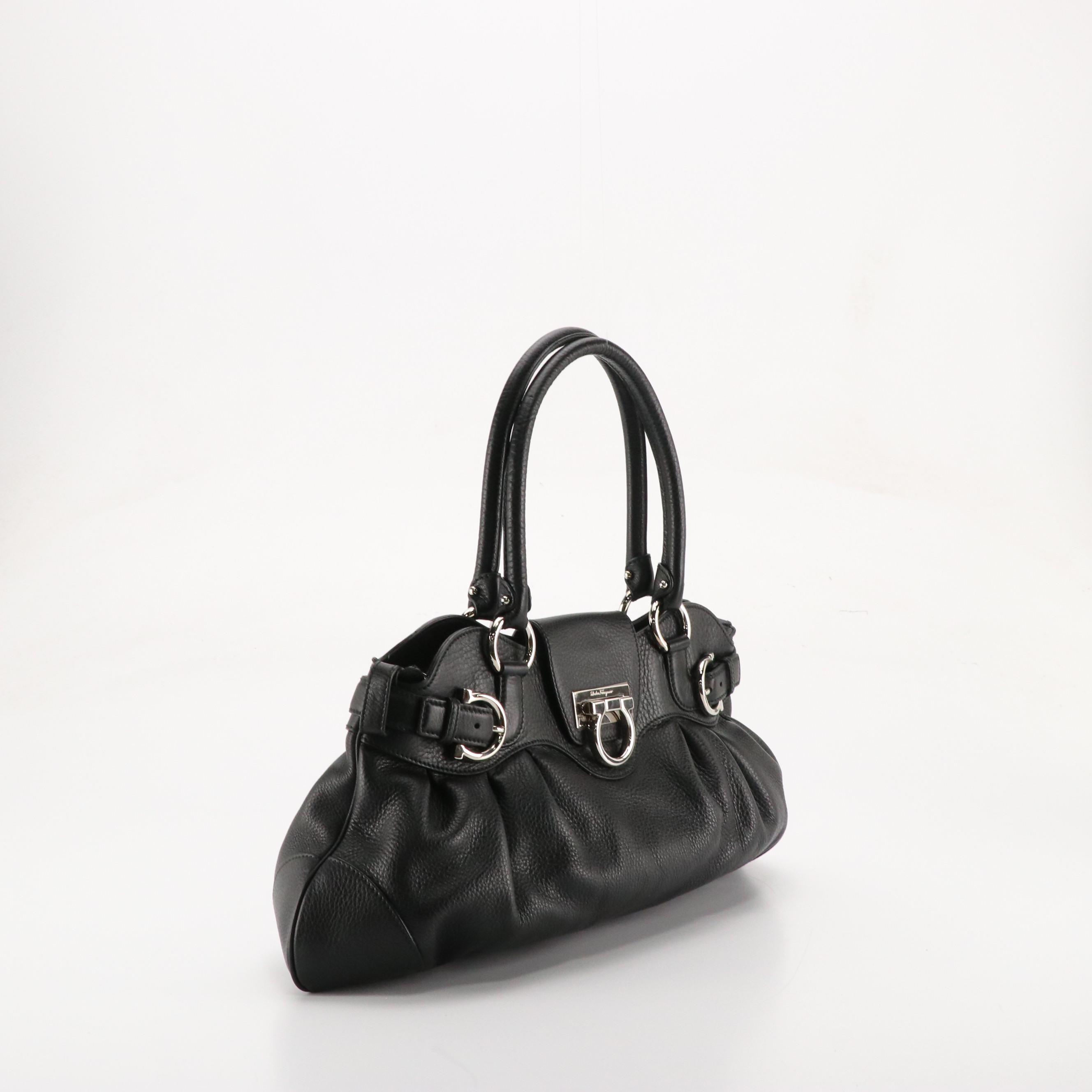 Salvatore Ferragamo Marisa Shoulder Bag in Black Grained Calfskin Leather