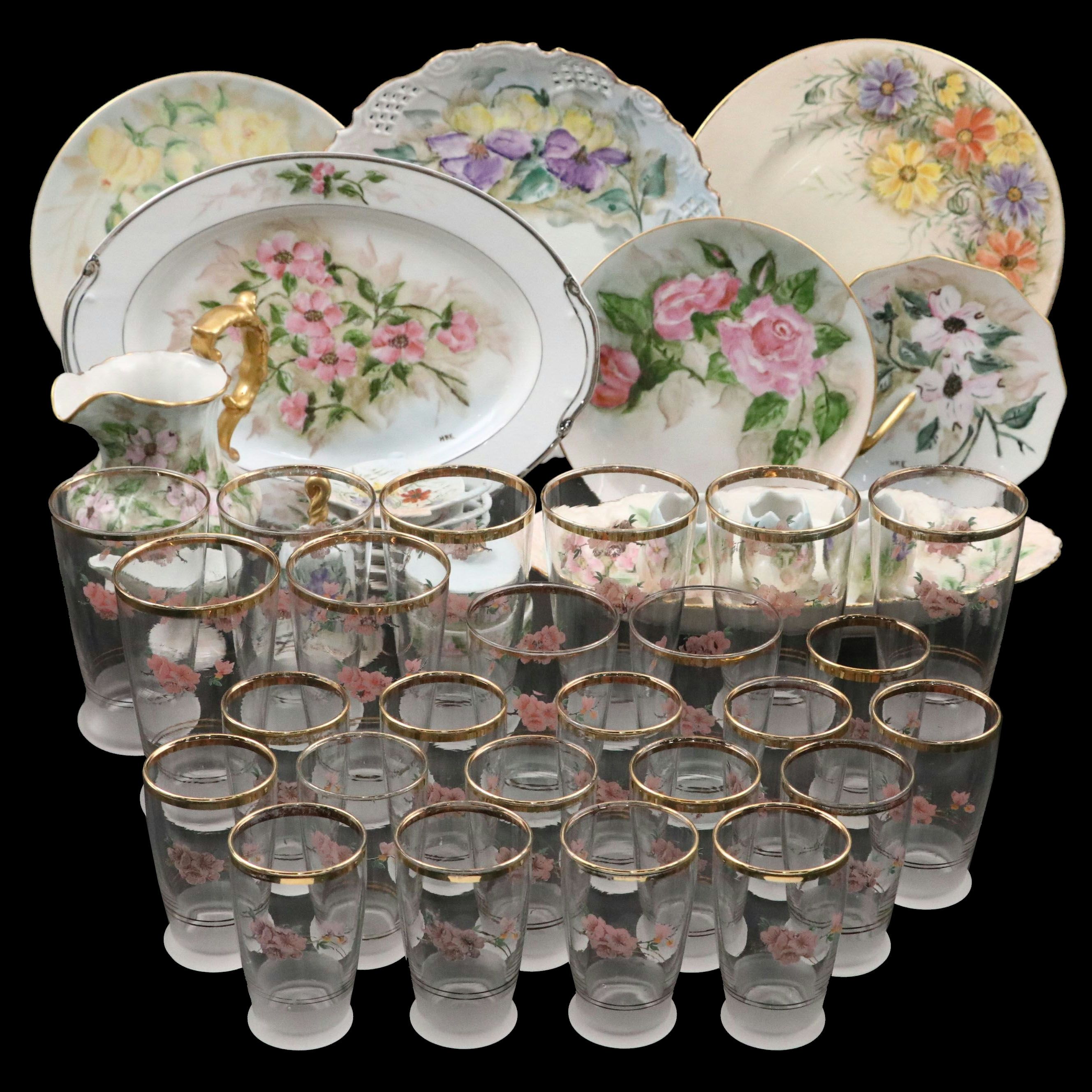 Hand-Painted Porcelain Serveware and Gilt Tumblers