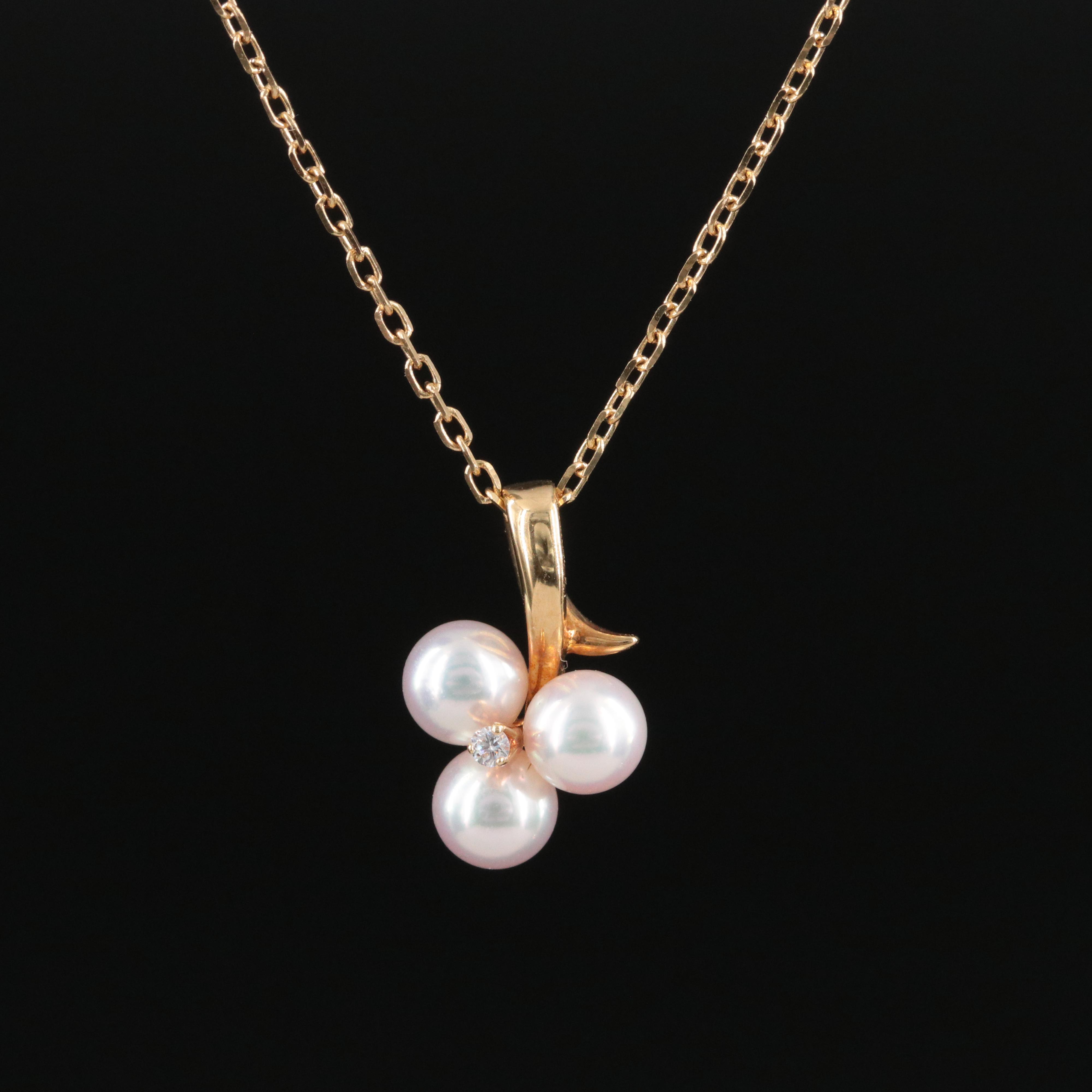 Mikomoto 18K Pearl and Diamond Clover Pendant Necklace