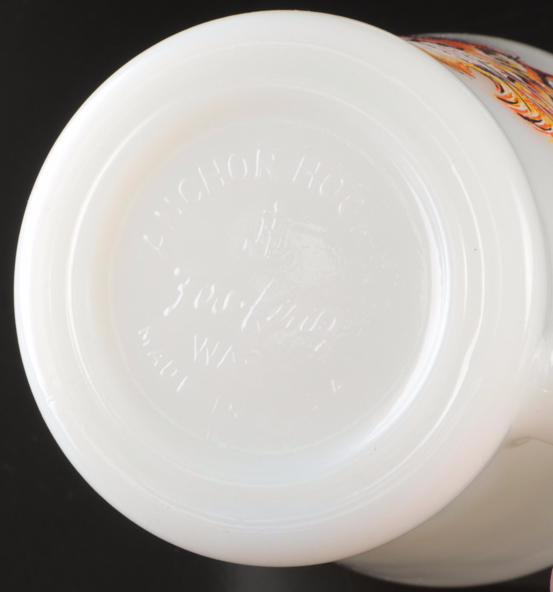 Fire King "Esso Tiger" Milk Glass Mugs with Coca-Cola Glasses and Fiesta Mugs