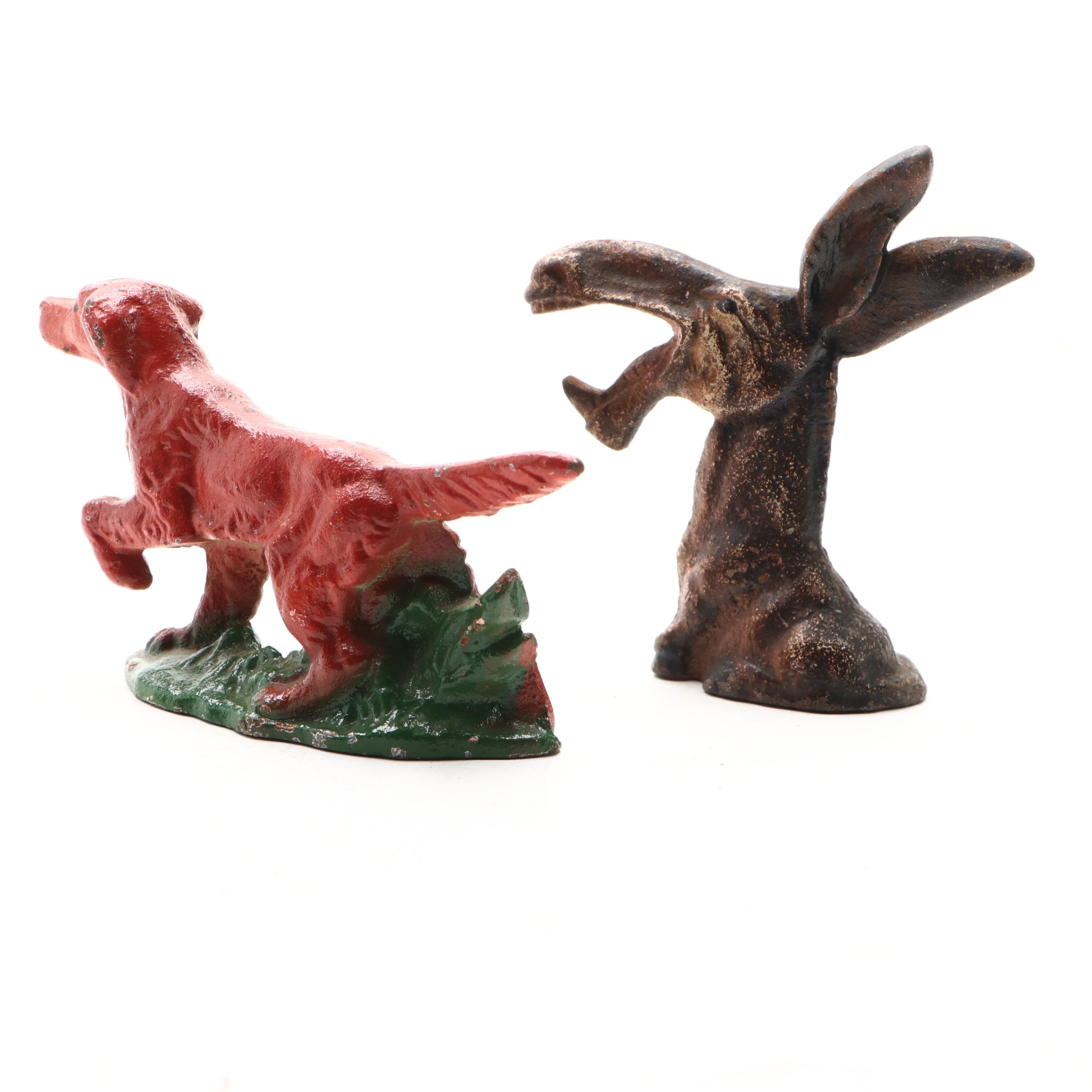 Vintage Painted Cast Iron Donkey and Parrot Bottle Openers with Dog Paperweight