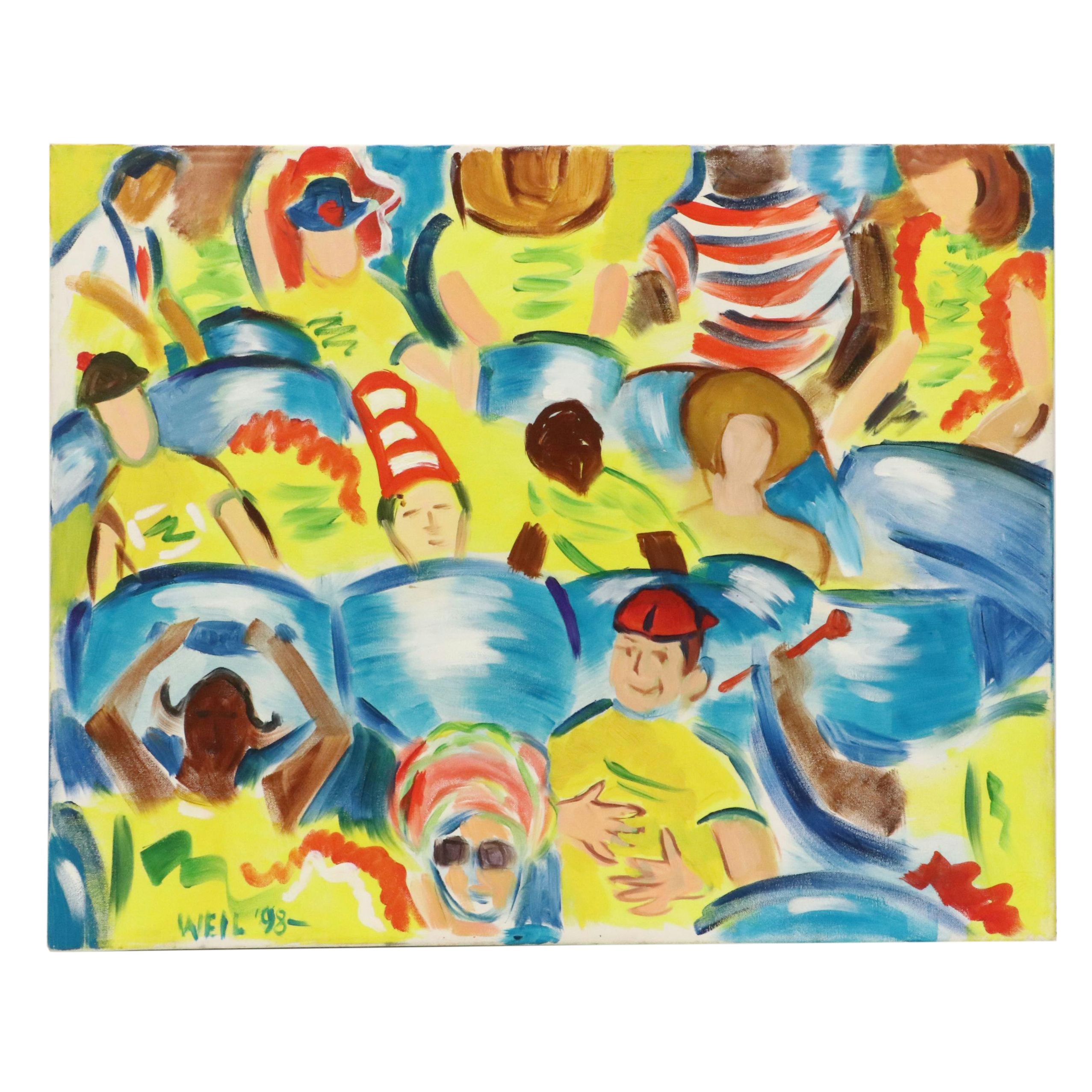 Roberto Weil Stylized Acrylic Painting of Crowded Figures, 1998