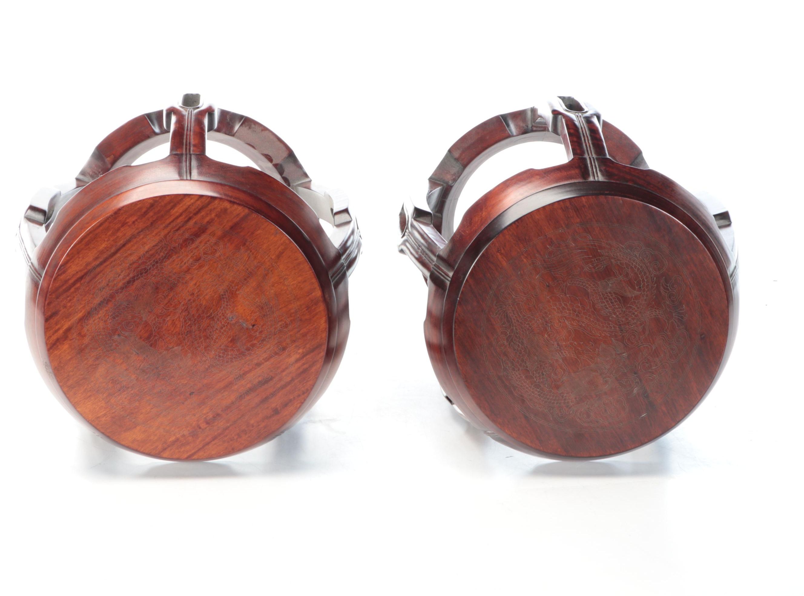 Chinoiserie Etched Dragon Wooden Barrel Drum Side Table Pair