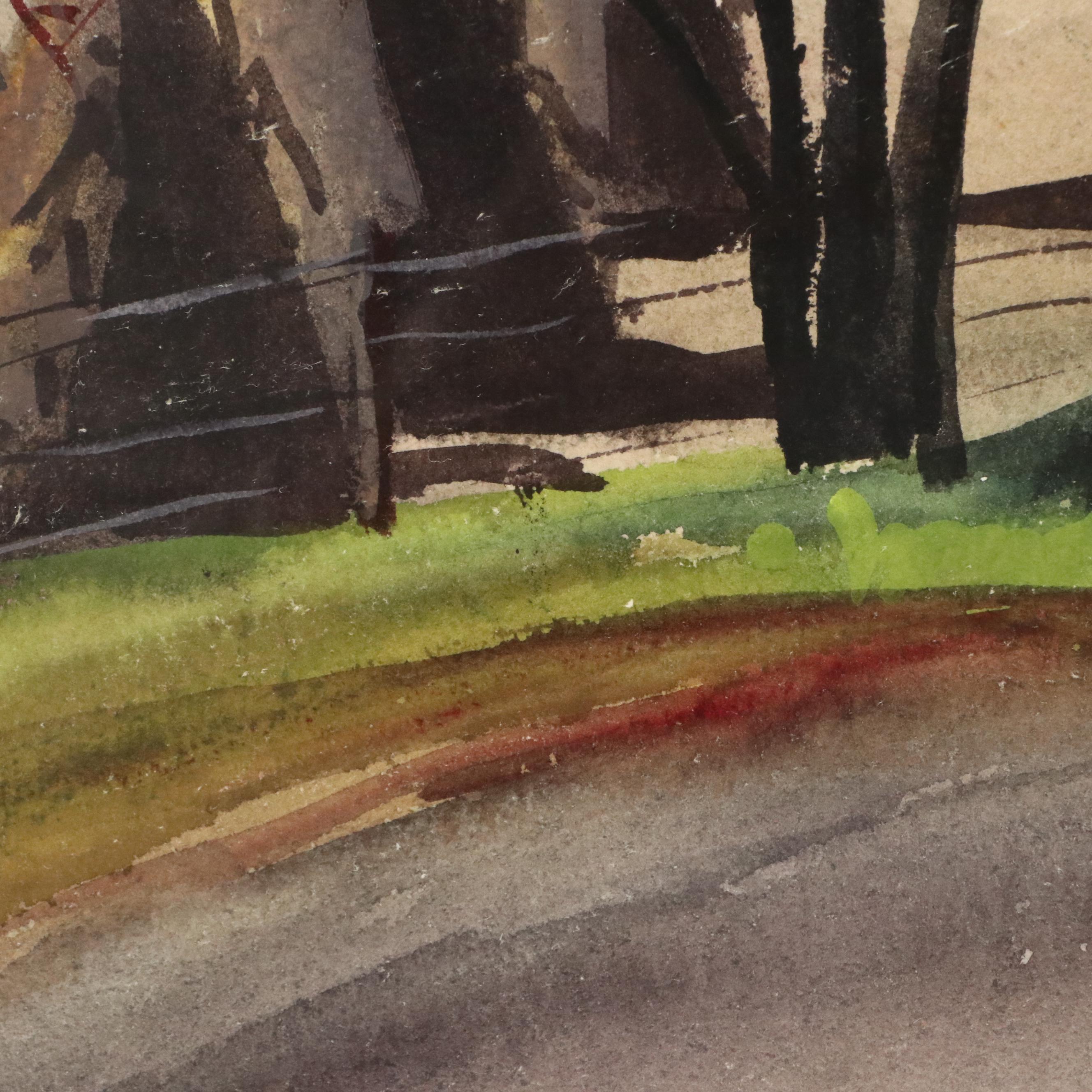 Jean Greenburg Helburn Rural Landscape Watercolor Painting, Late 20th Century