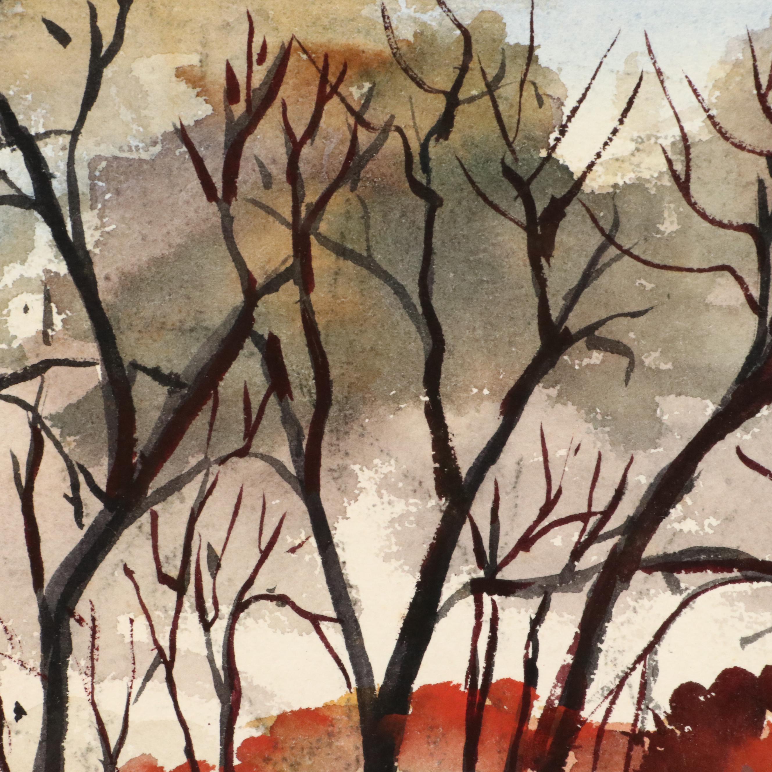 Jean Greenburg Helburn Rural Landscape Watercolor Painting, Late 20th Century