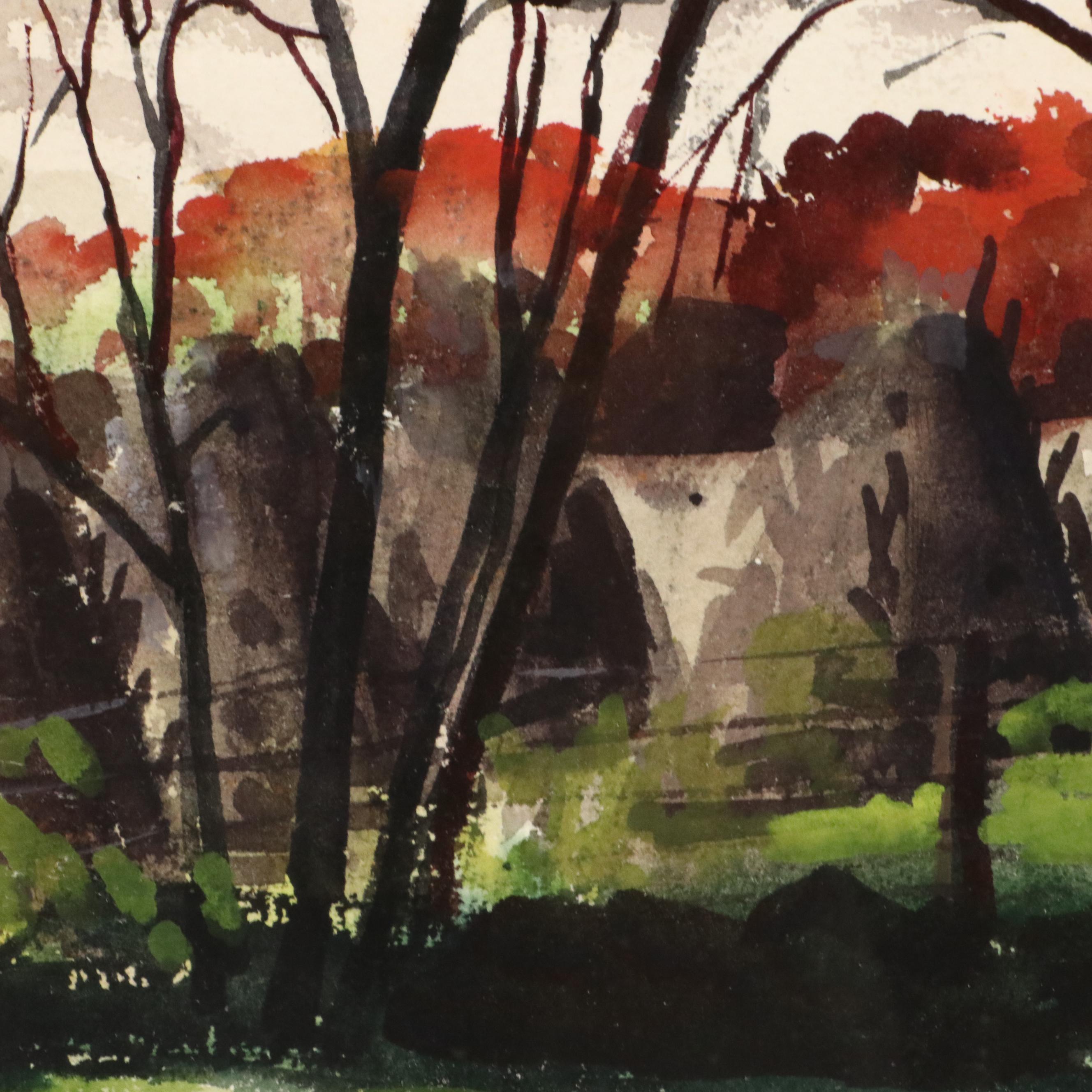 Jean Greenburg Helburn Rural Landscape Watercolor Painting, Late 20th Century
