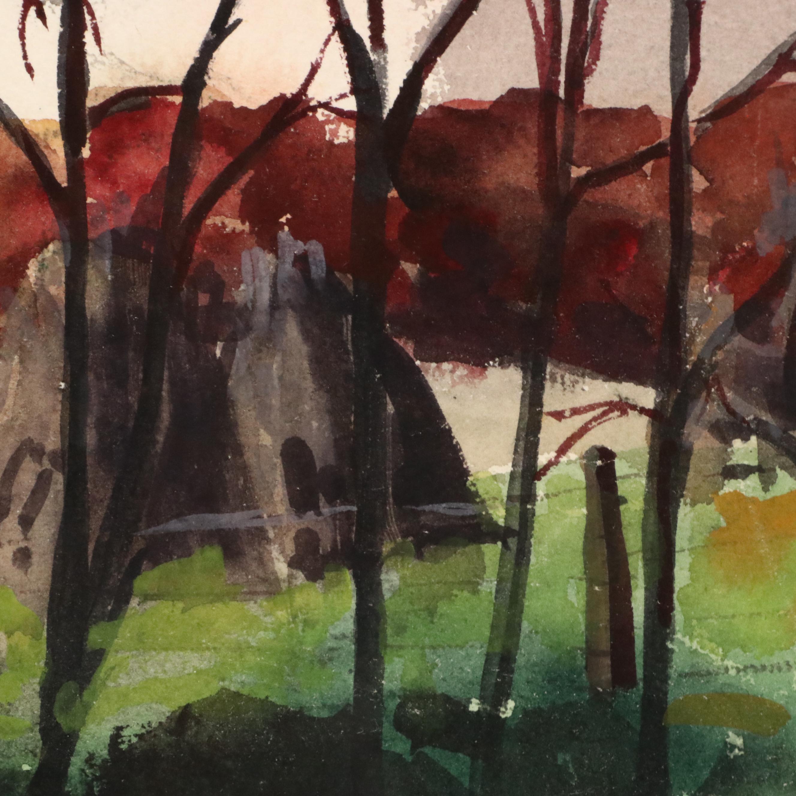 Jean Greenburg Helburn Rural Landscape Watercolor Painting, Late 20th Century