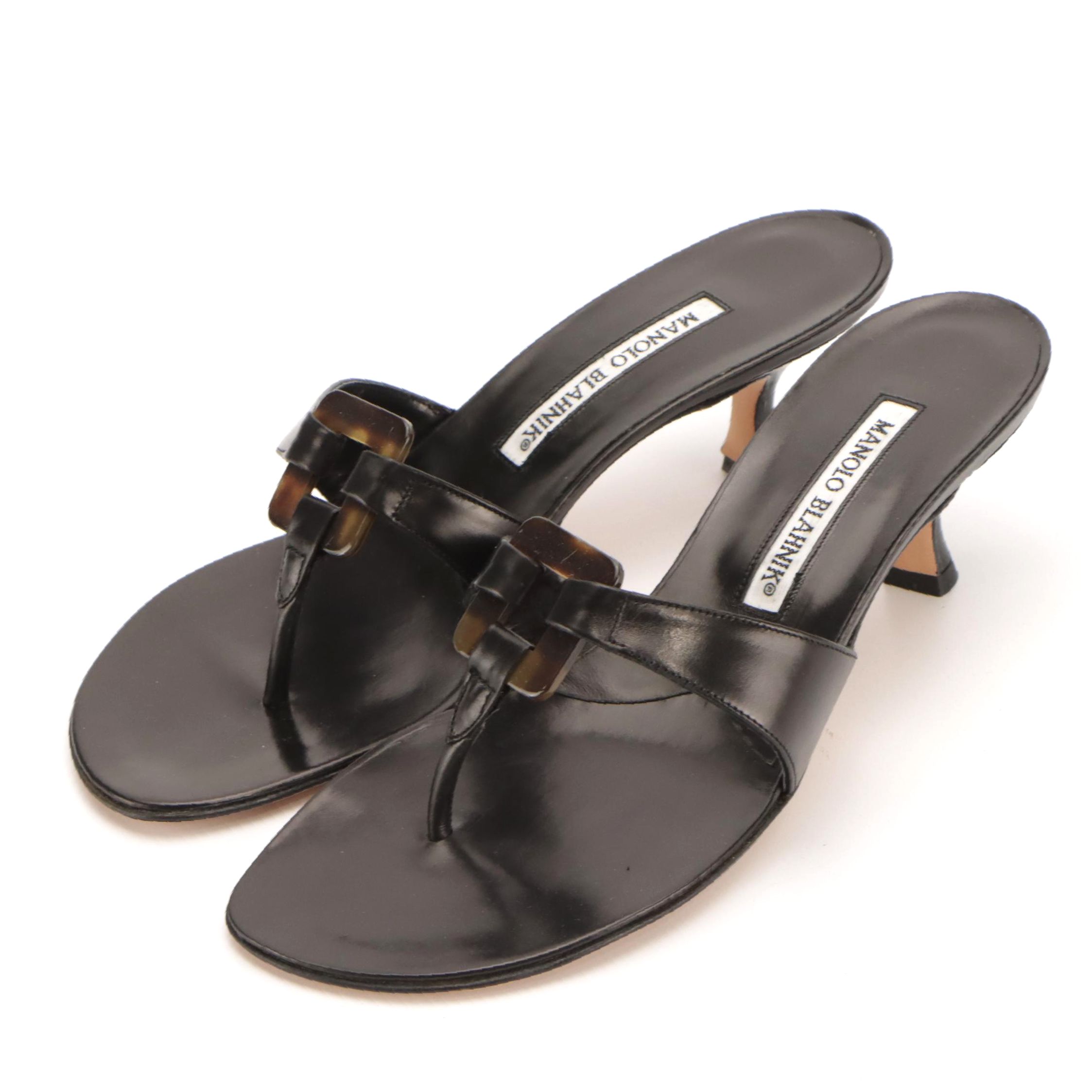 Manolo Blahnik Black Leather Low-Heeled Thong Strap Sandals in Box