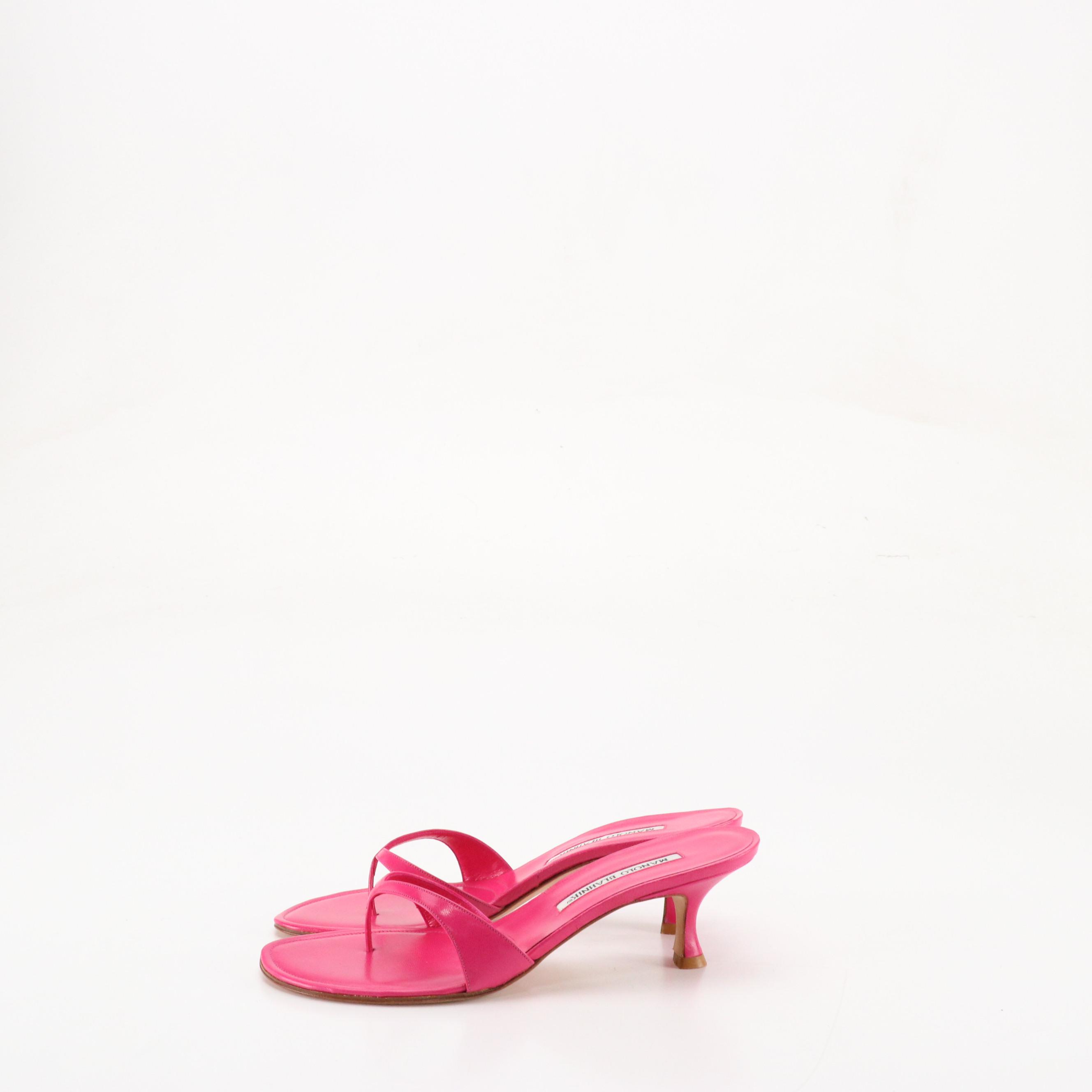 Manolo Blahnik Hot Pink Low-Heeled Thong Strap Sandals in Box