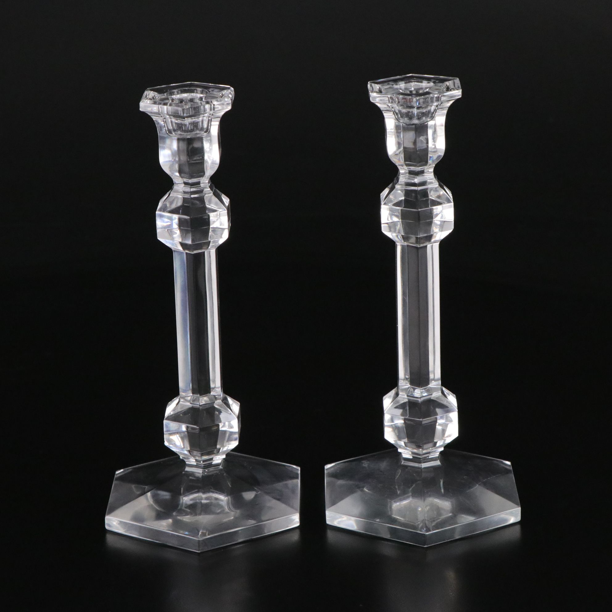 Waterford and Val St. Lambert Crystal Candlesticks and Baccarat Crystal Clock
